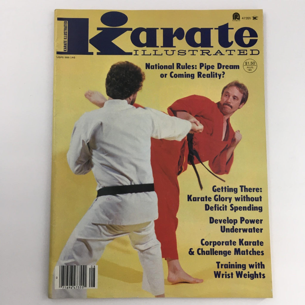 Cover of Karate Illustrated Magazine from August 1980 featuring a martial arts training scene with a practitioner in a white gi and another in red, emphasizing training with wrist weights and highlighting articles related to karate.