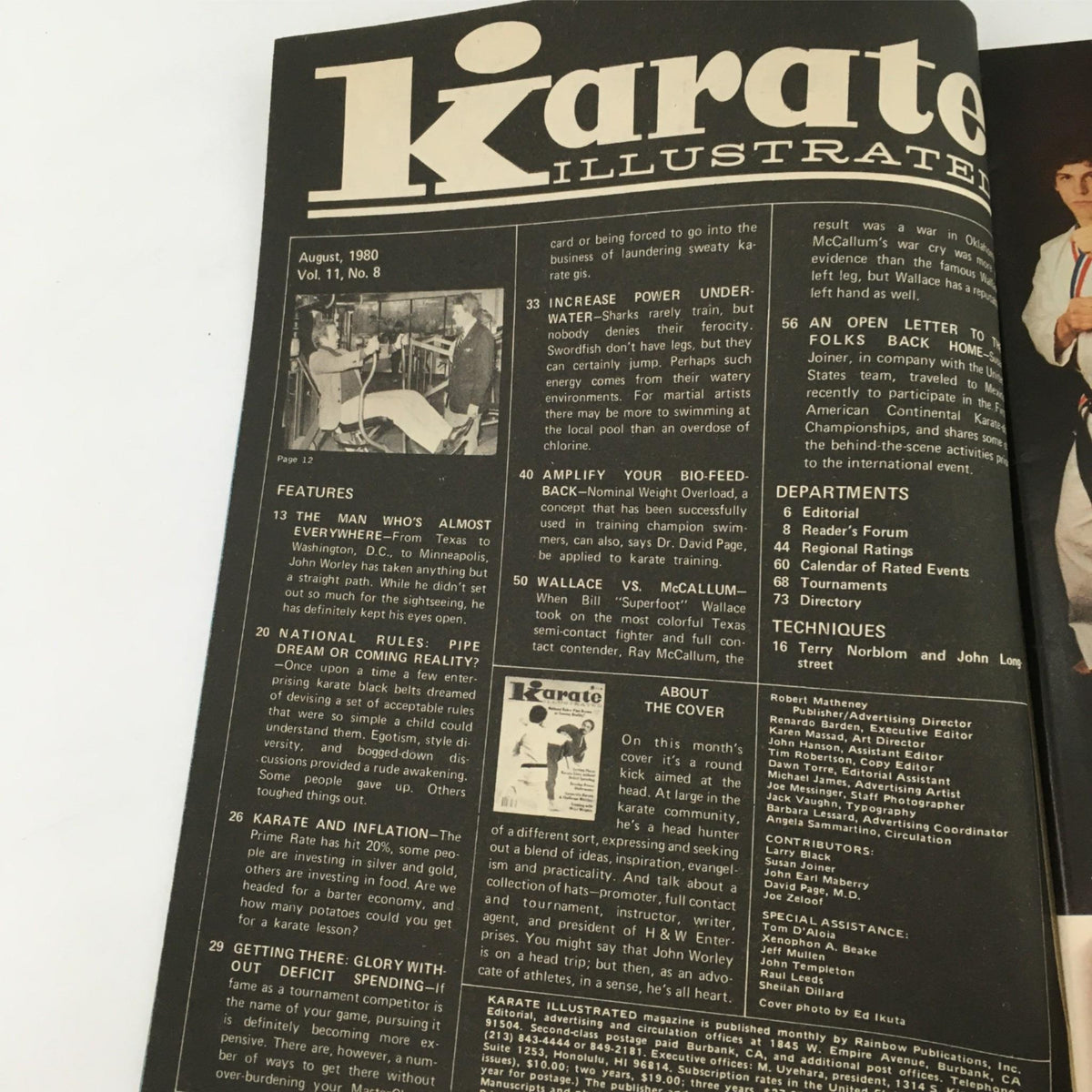 Cover of Karate Illustrated Magazine, August 1980, featuring articles on karate techniques and training, including training with wrist weights. Vintage magazine showcasing martial arts history.