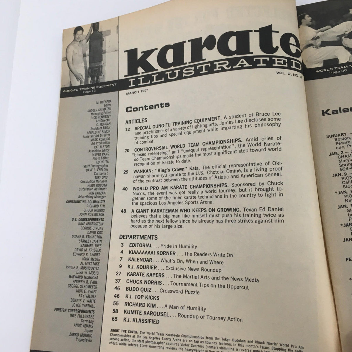 Table of contents page from Karate Illustrated Magazine, March 1971, featuring articles on gung-fu training equipment and the controversial World Team Championships.