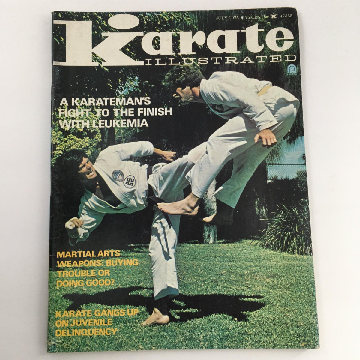 Cover of Karate Illustrated Magazine July 1975 featuring the article 'A Karatemans Fight to the Finish with Leukemia', showcasing two martial artists in action on a grassy field.