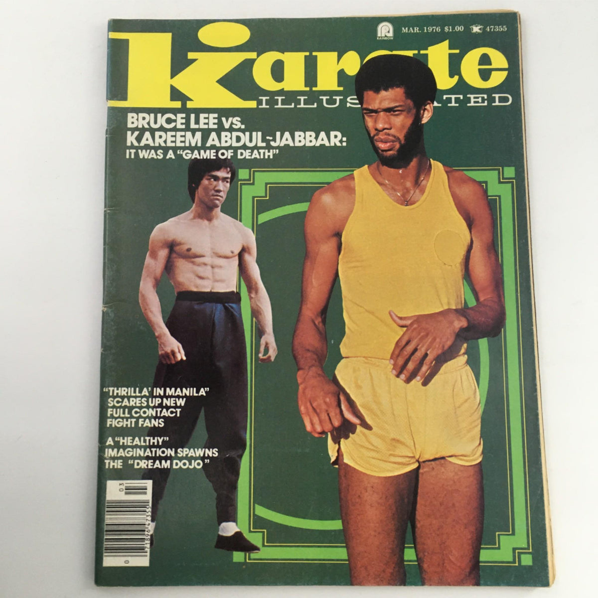 Karate Illustrated Magazine March 1976 featuring Bruce Lee vs. Kareem Abdul-Jabbar on the cover, showcasing a historical martial arts showdown.