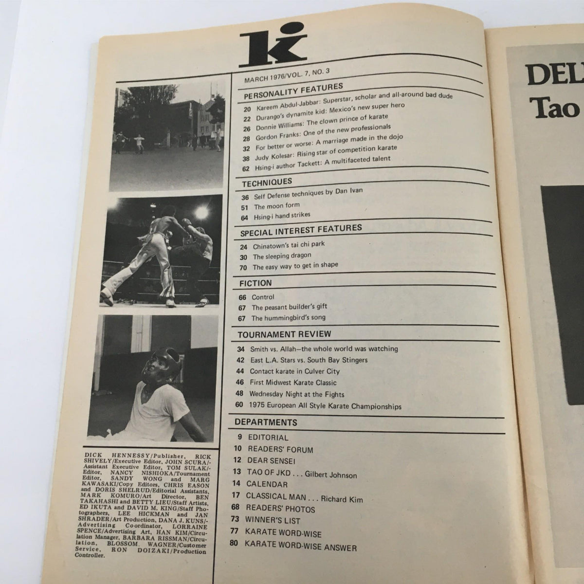 Inside page of Karate Illustrated Magazine March 1976 displaying the table of contents, highlighting features on martial arts techniques and personalities.