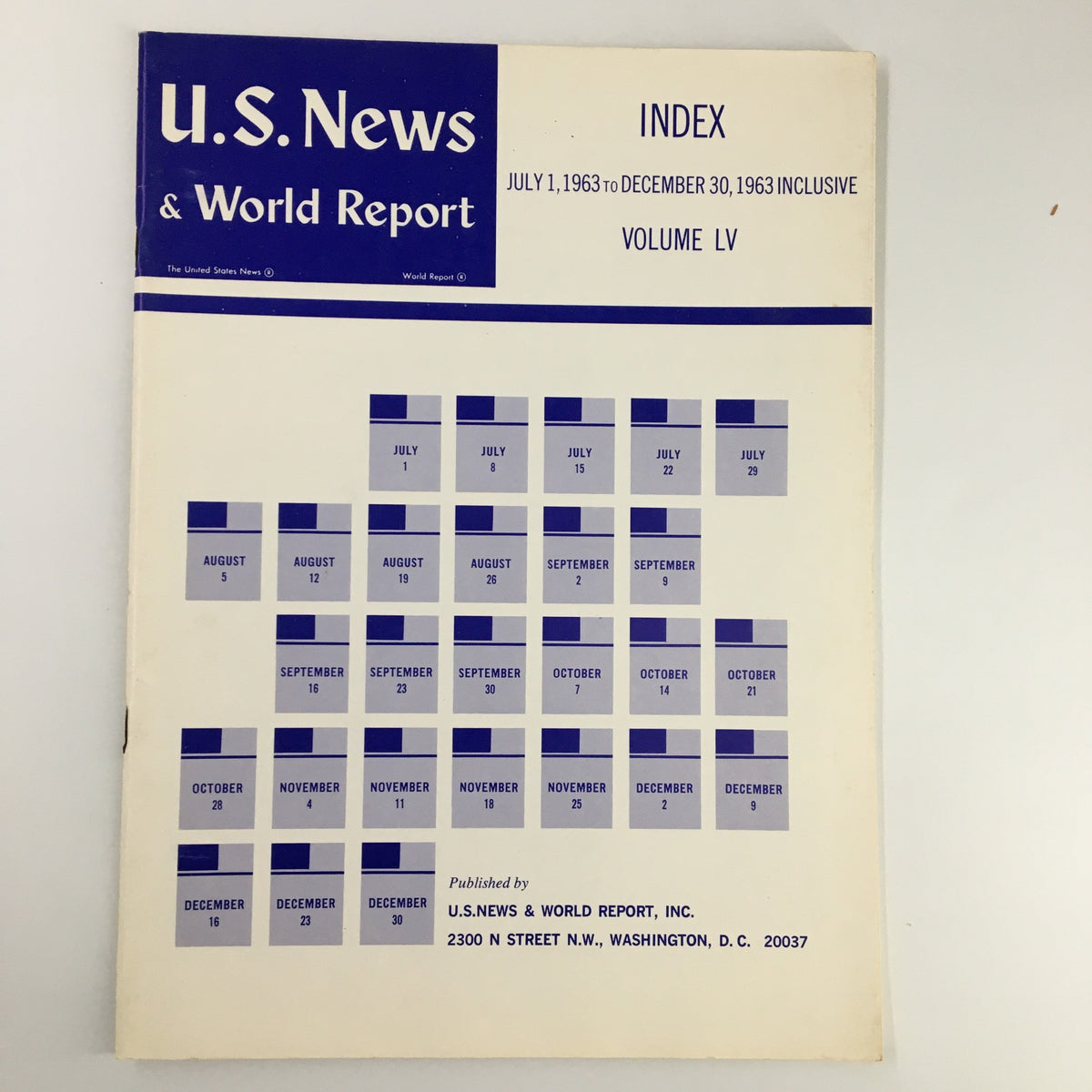 Cover page of US News & World Report Magazine July 1 1963 showcasing the index for Volume LV with publication details.