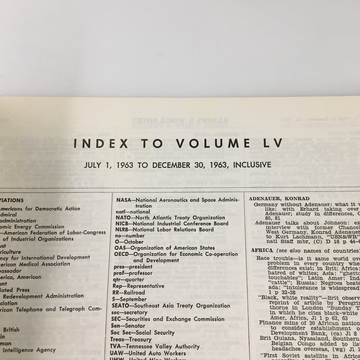 Inside page of US News & World Report Magazine July 1 1963 displaying the index to Volume LV, highlighting significant topics from July to December.