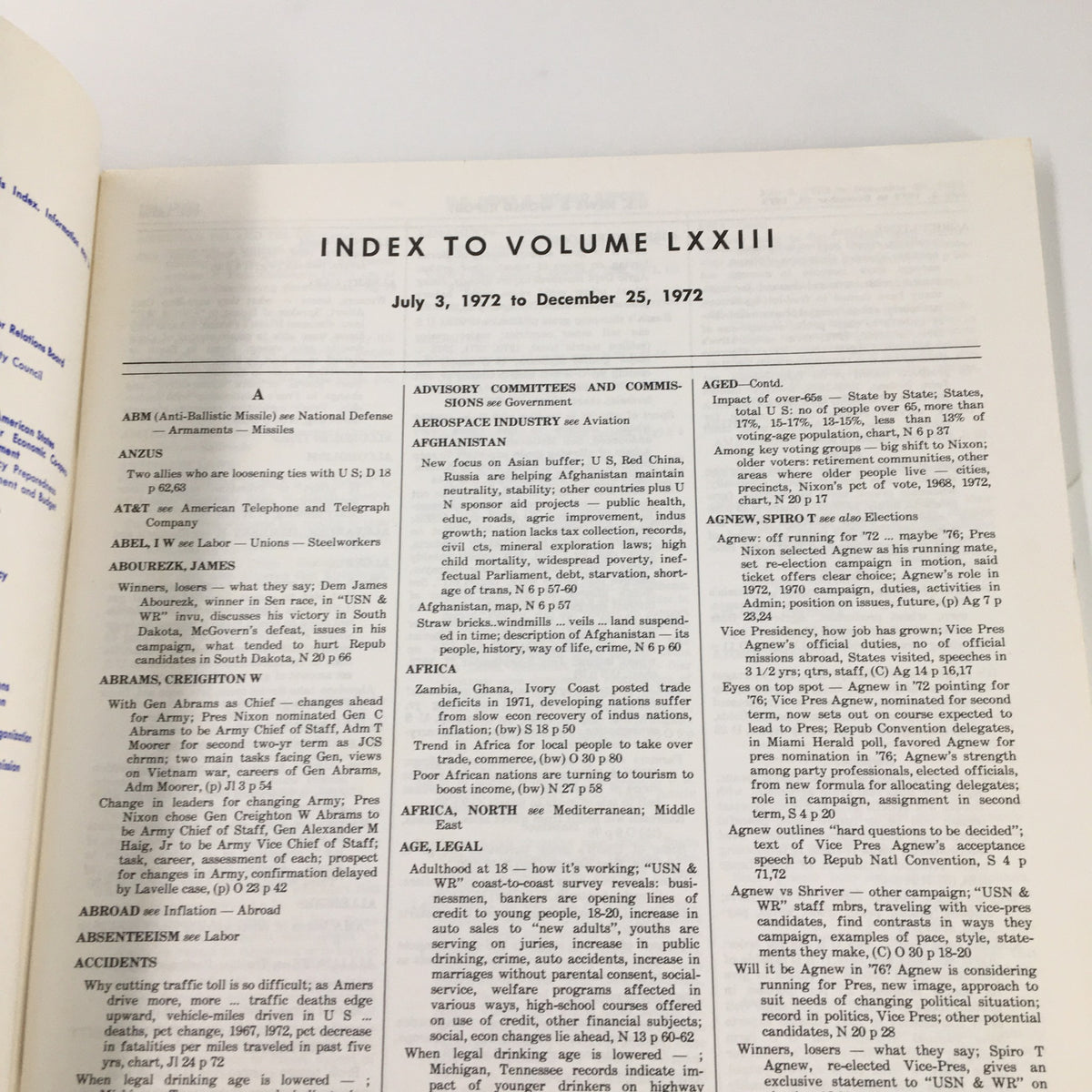 Interior page of the US News & World Report Magazine, July 3, 1972, showcasing the detailed index to Volume LXXIII listing various topics and subjects.