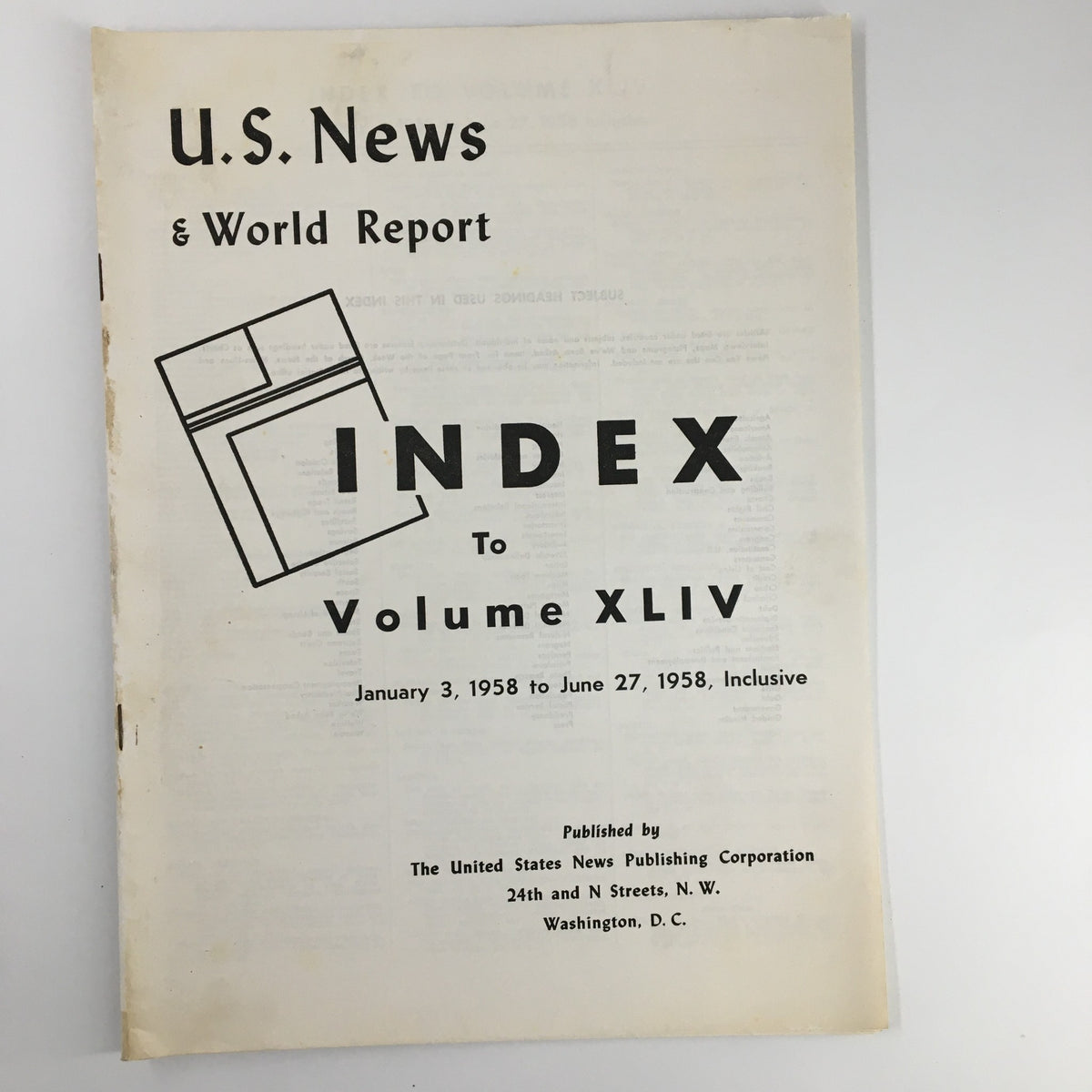 Cover page of the US News & World Report Magazine January 3, 1958 featuring the Index to Volume XLIV, published by the United States News Publishing Corporation.