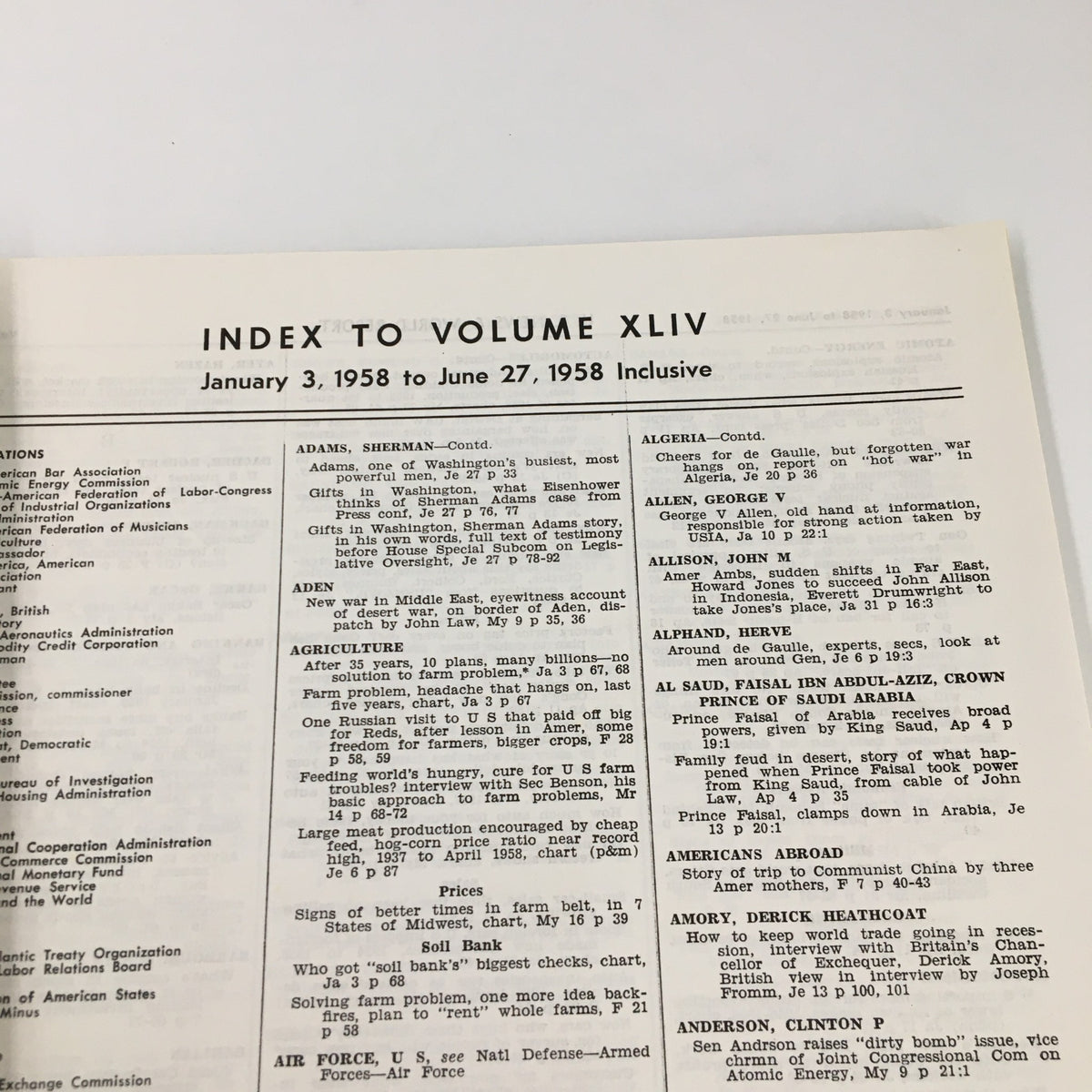 Inside page of the US News & World Report Magazine January 3, 1958 showing the Index to Volume XLIV, with articles listed from January 3 to June 27, 1958.