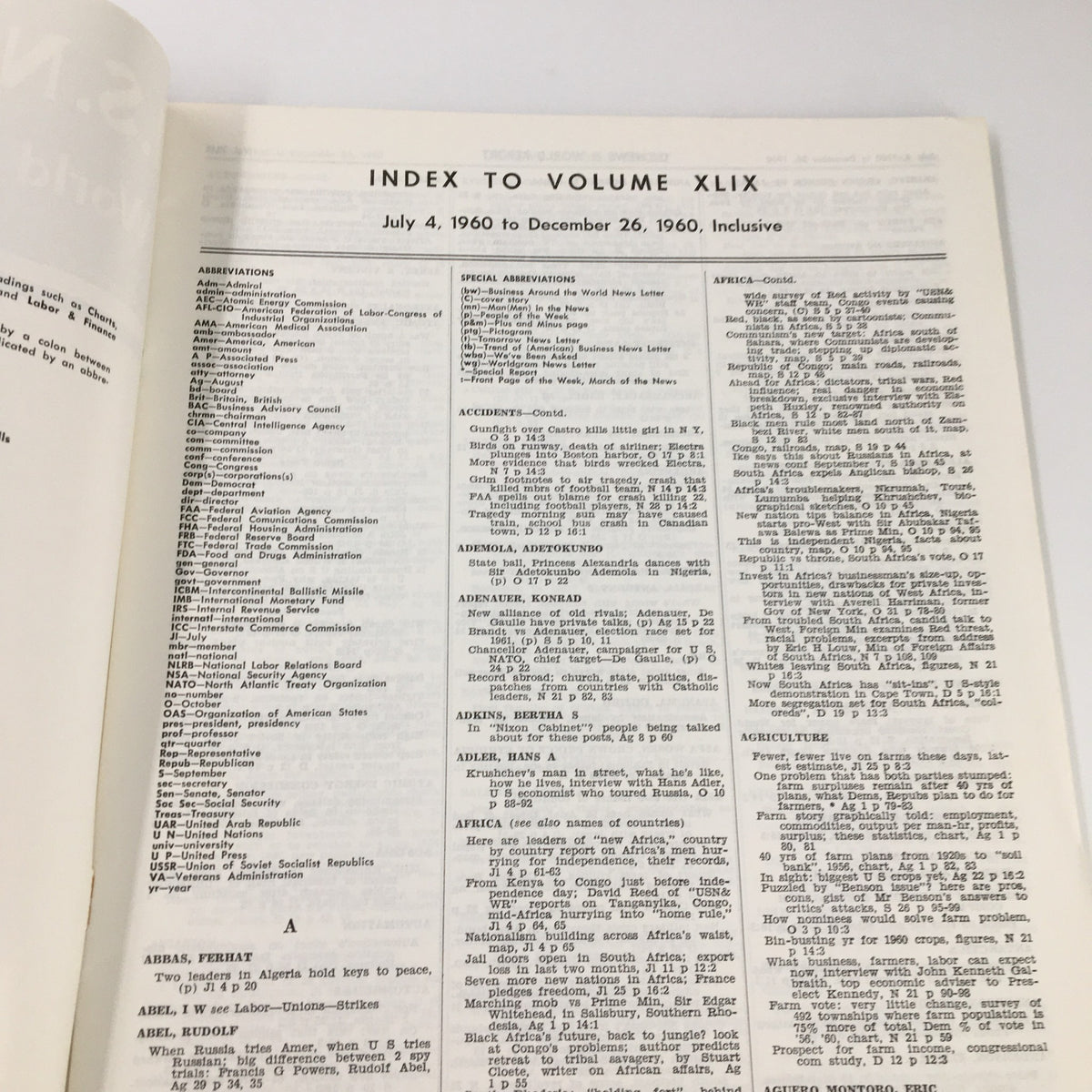 Inside page of US News & World Report Magazine July 4, 1960, displaying the index organization of articles from July 4 to December 26, 1960.