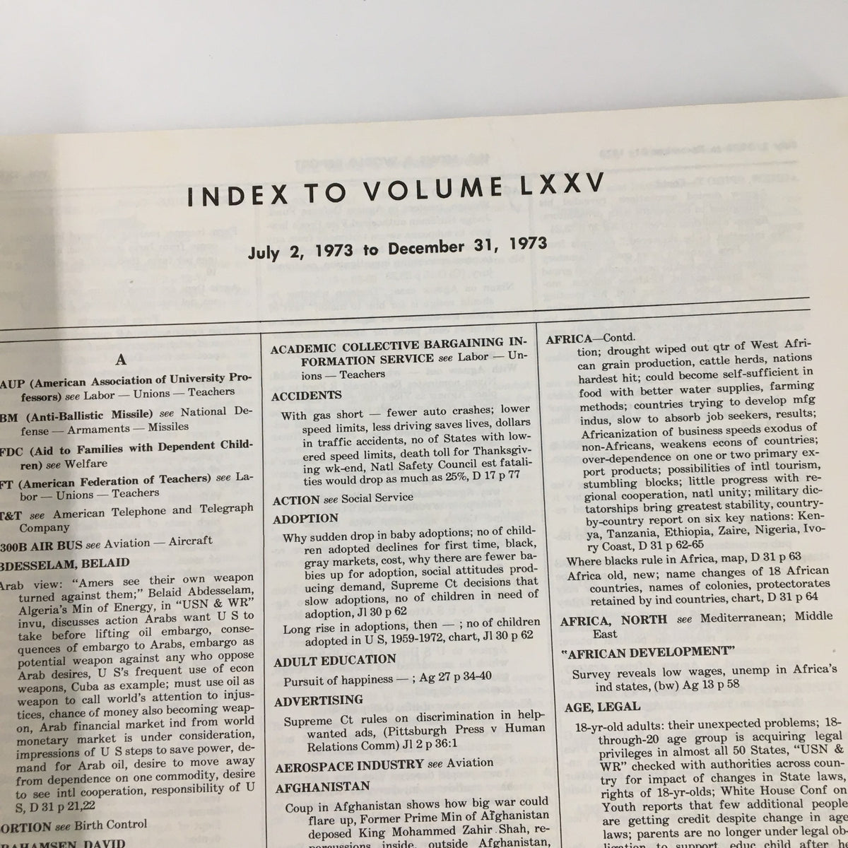 Interior page of the US News & World Report Magazine July 2, 1973, displaying the Index to Volume LXXV, outlining key topics and events from July to December 1973.