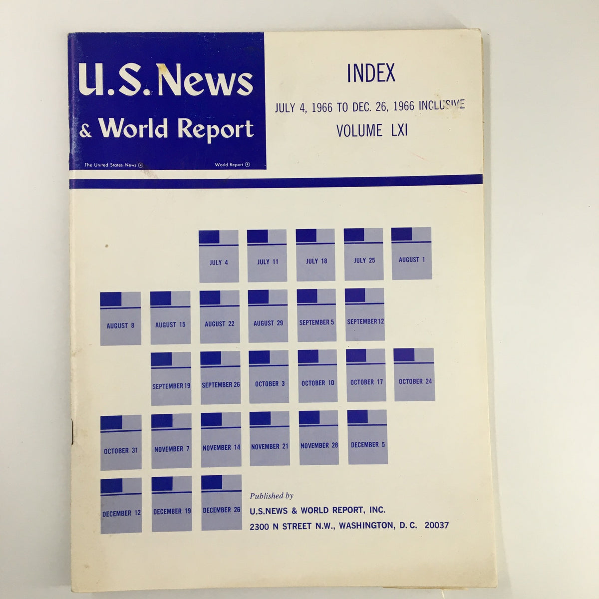 Cover of US News & World Report Magazine July 4 1966, featuring the index of Volume LXI with dates and publication details.