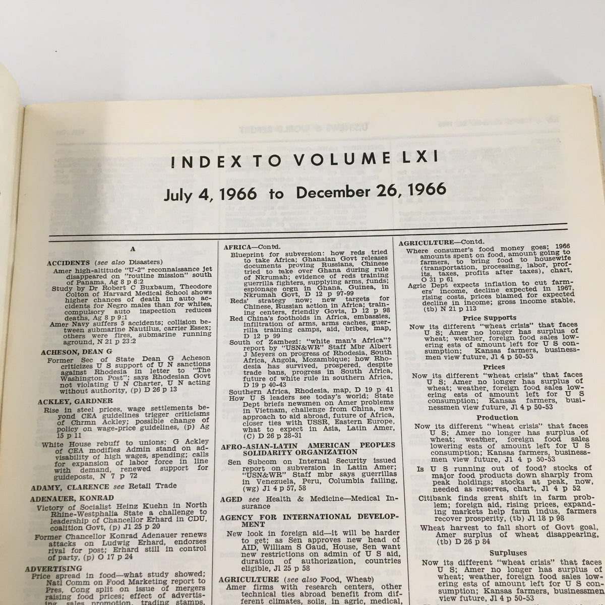 Inside page of US News & World Report Magazine July 4 1966, displaying the detailed index listing articles from July 4, 1966 to December 26, 1966.