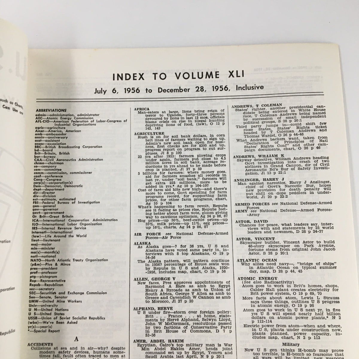 Inside page of US News & World Report Magazine July 6 1956, displaying the index list for Volume XLI with various topics and articles covered.