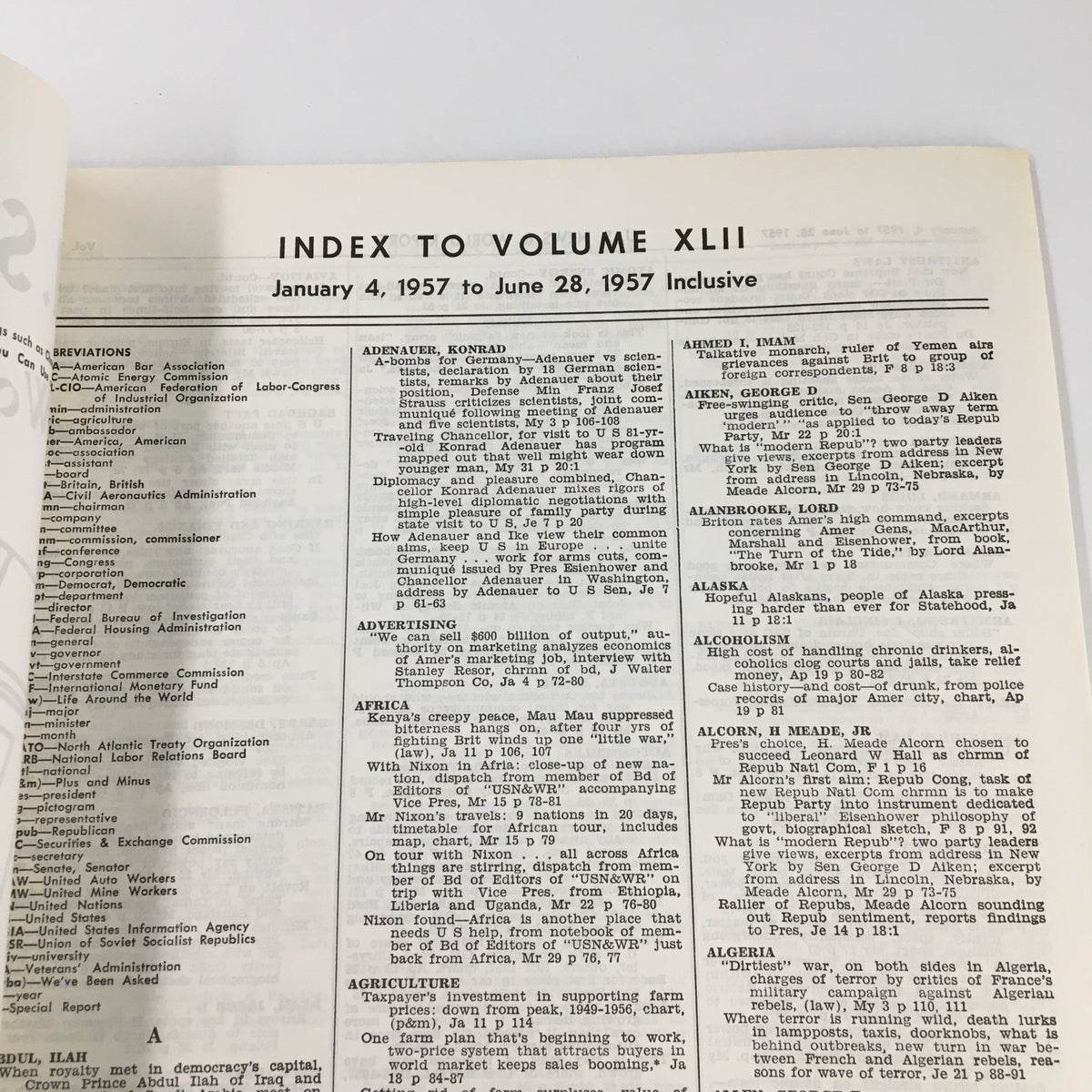 Inside page of the US News & World Report Magazine January 4, 1957, displaying the Index to Volume XLII with various article titles and subjects listed.