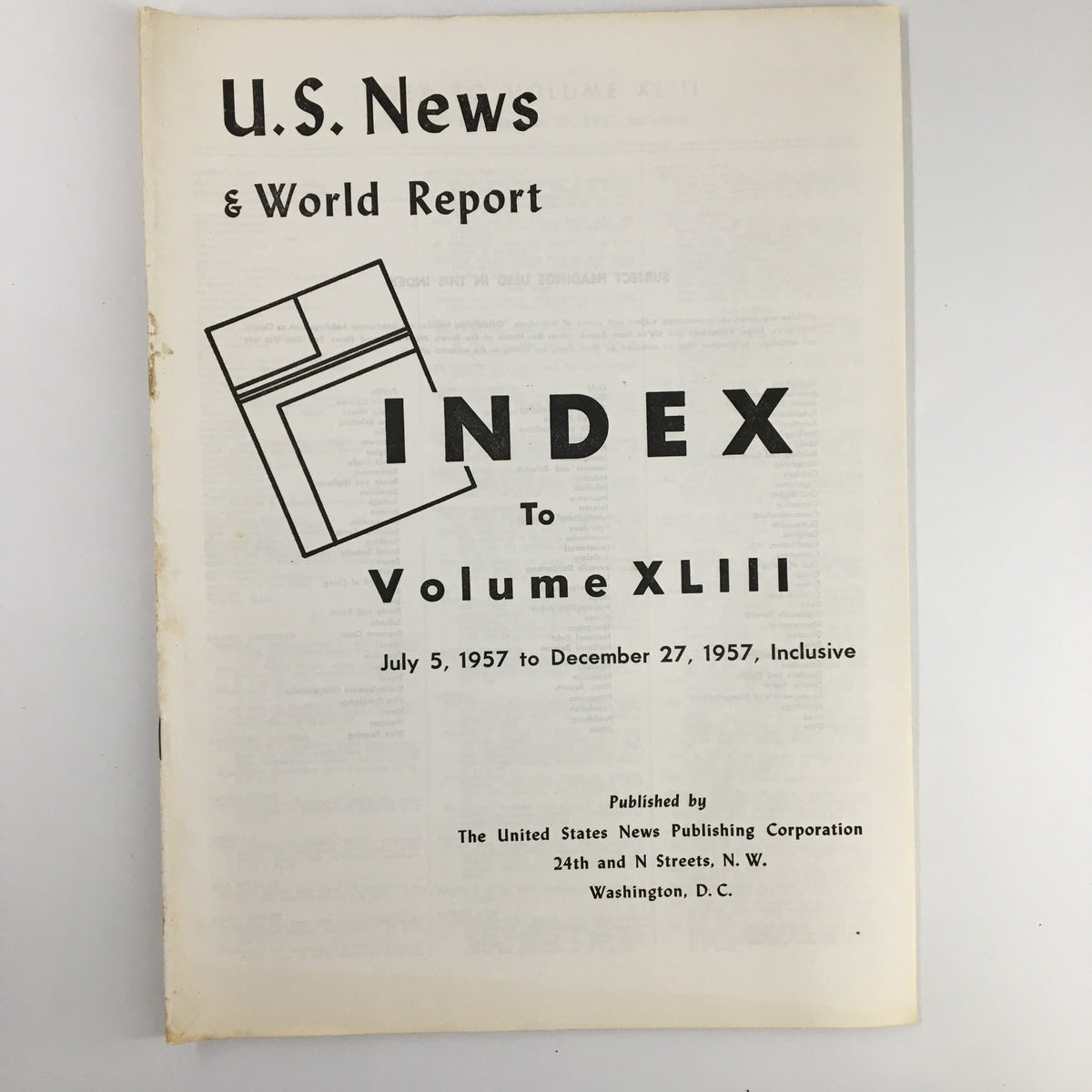 Cover page of US News & World Report Magazine July 5 1957 Index to Volume XLIII, featuring publication details and index title.