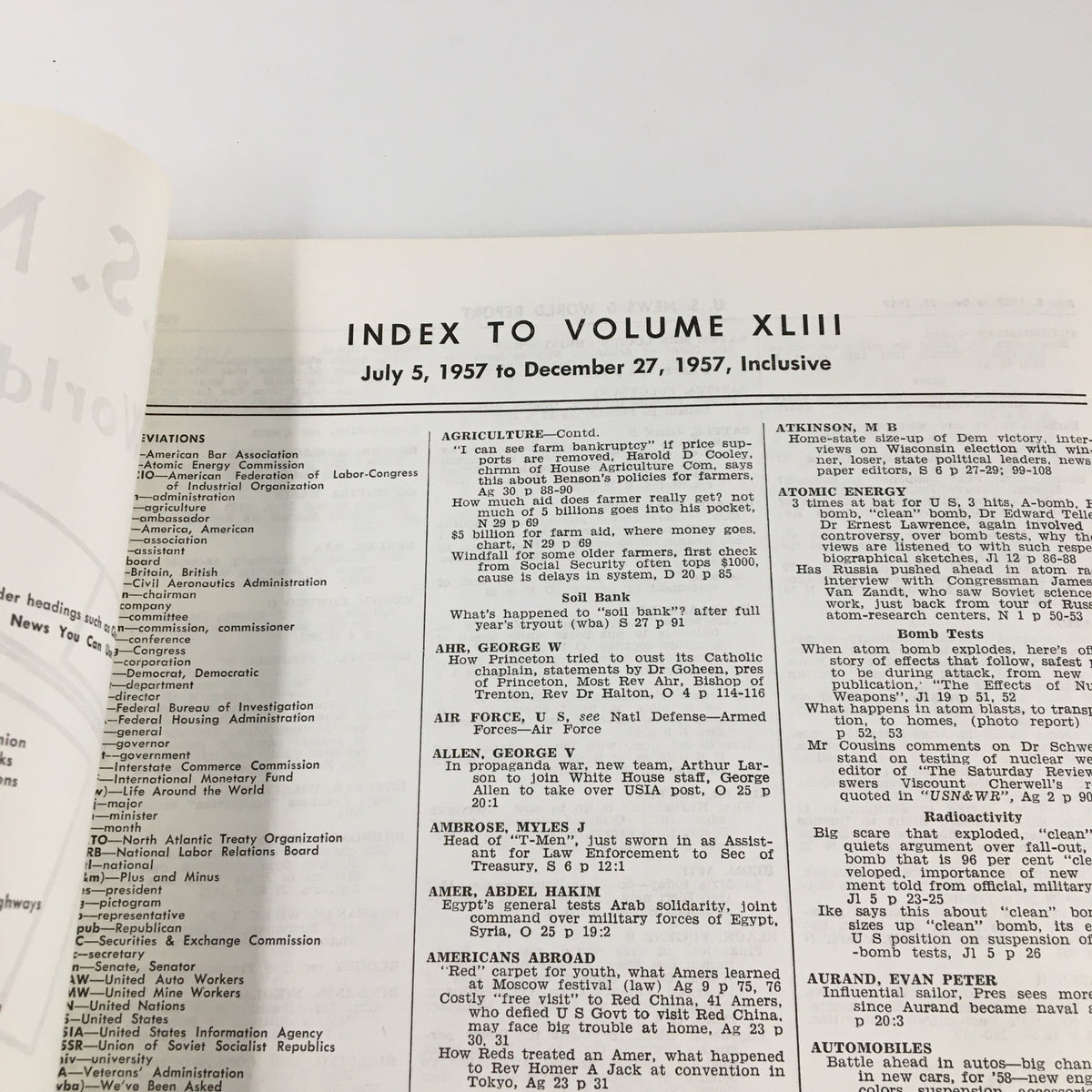 Interior page of US News & World Report Magazine July 5 1957 Index to Volume XLIII, displaying contents and topics covered in the index.