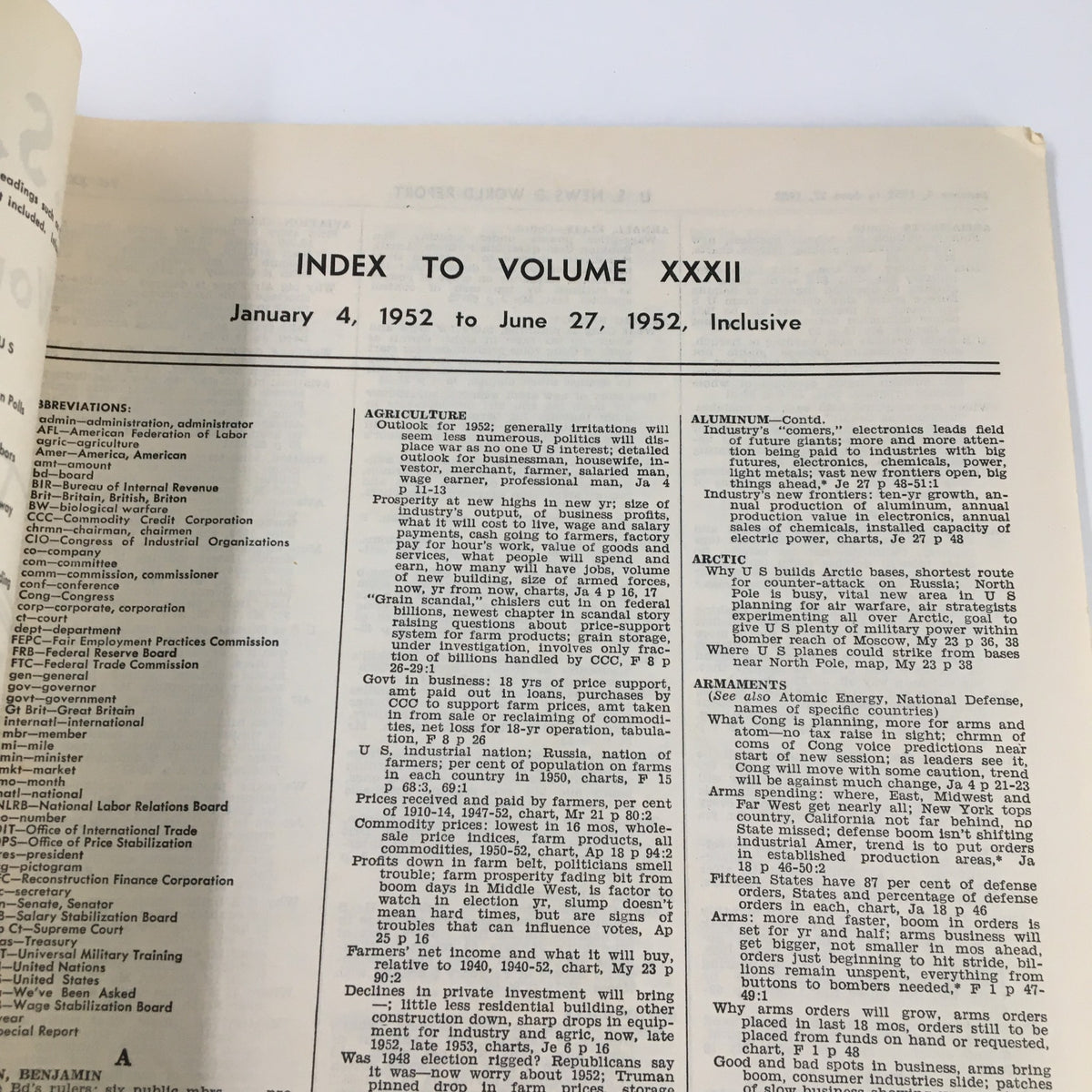 Page from US News & World Report Magazine January 4, 1952 showcasing the Index to Volume XXXII, featuring headings on various topics like Agriculture and Aluminum.