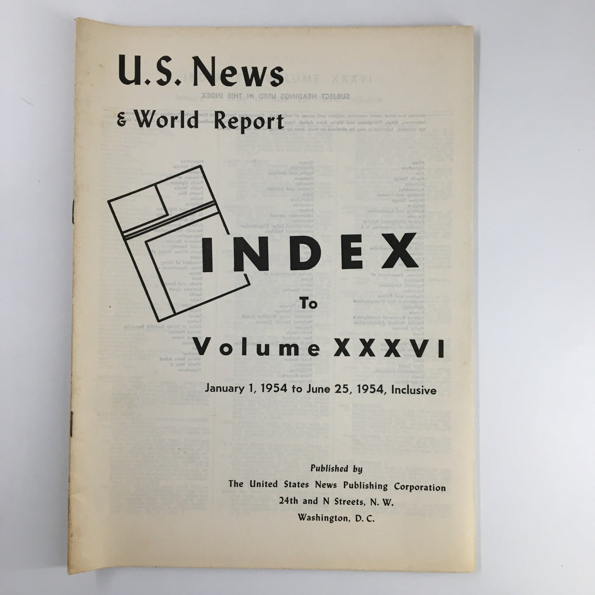 Cover of US News & World Report Magazine January 1 1954, featuring the title 'INDEX To Volume XXXVI', published by The United States News Publishing Corporation.