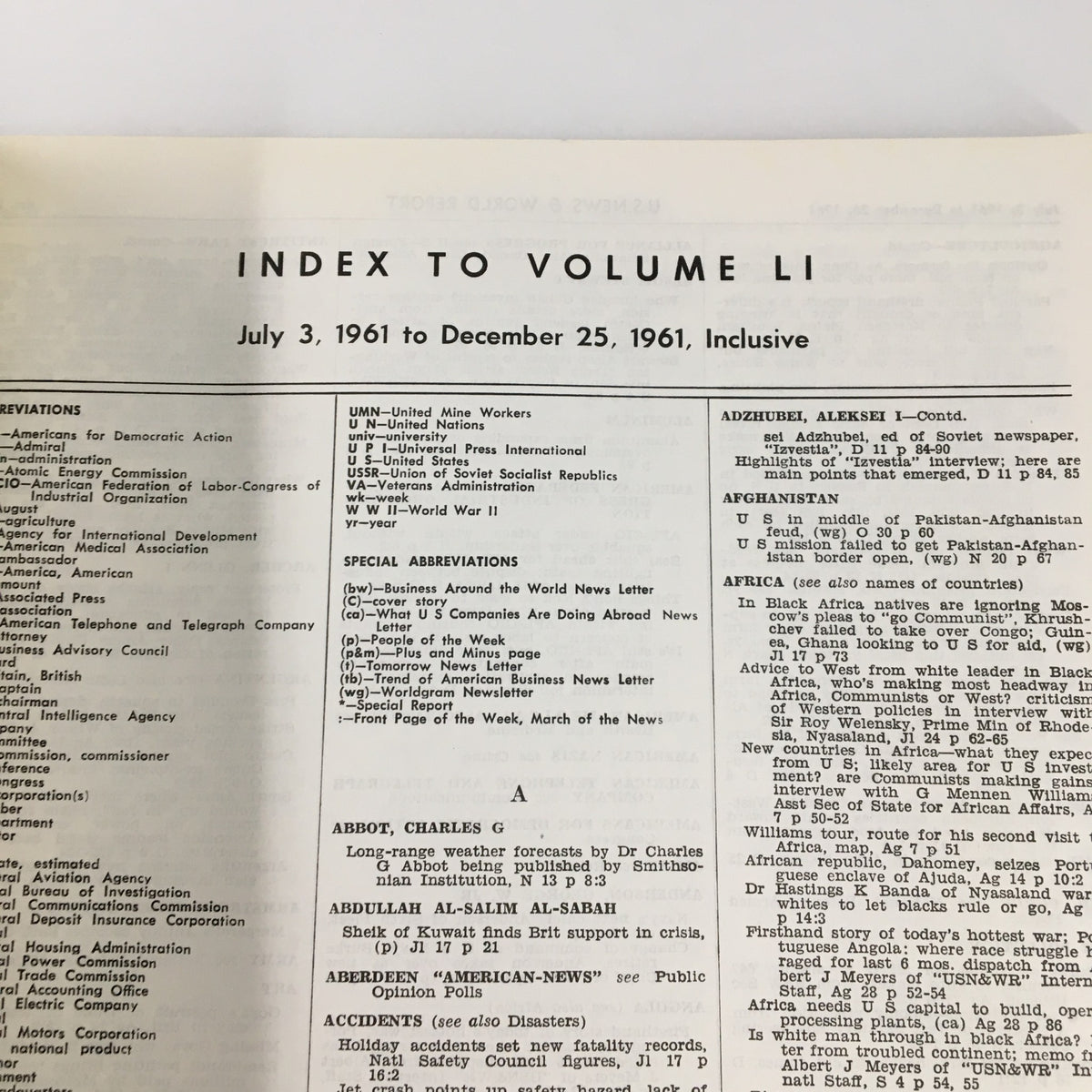 Index page from US News & World Report Magazine, July 3, 1961, featuring a table of contents and special abbreviations. The content reflects historical events from July 1961 to December 1961, providing insight into the era's journalism.
