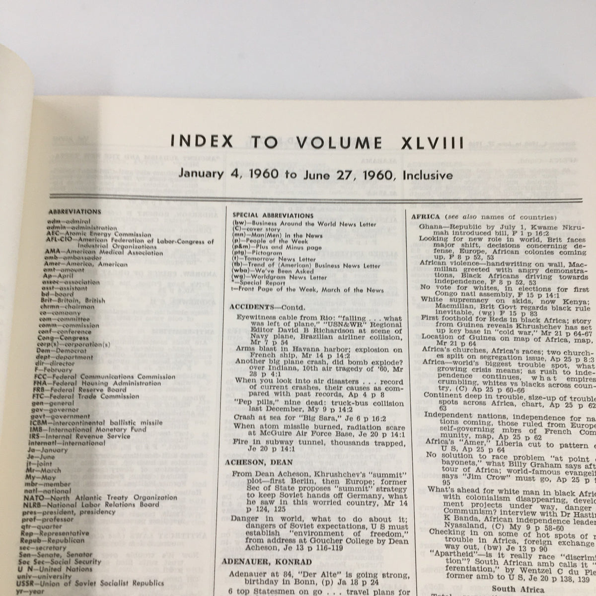 Interior page of US News & World Report Magazine January 4, 1960, displaying the detailed index for topics covered from January to June 1960.