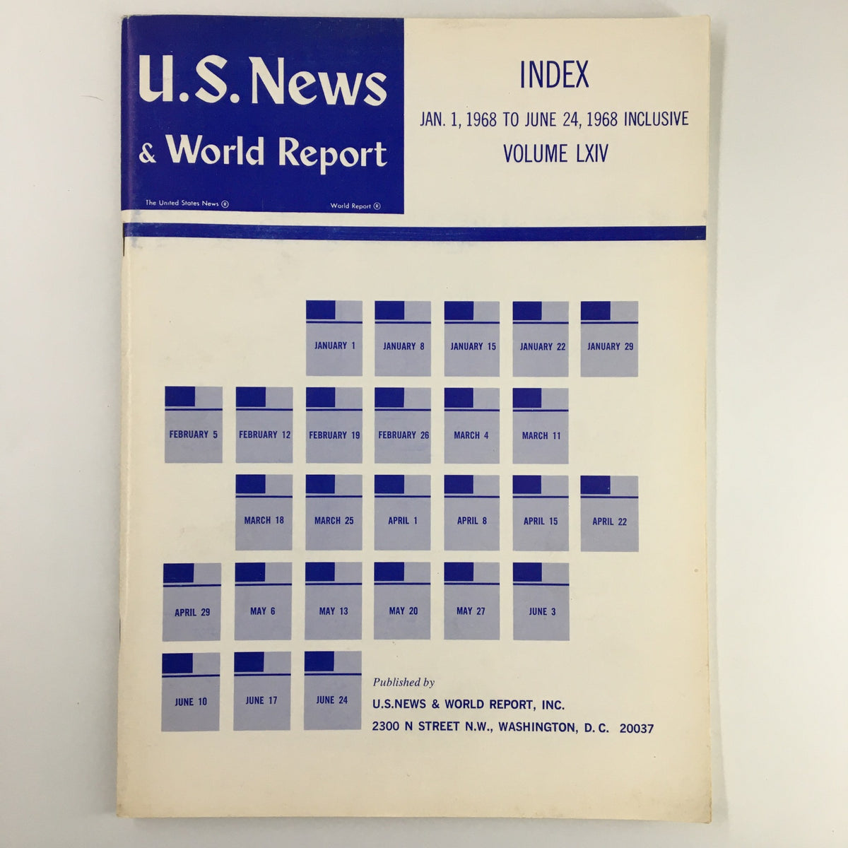Cover of the US News & World Report Magazine January 1, 1968, featuring the index from January 1 to June 24, 1968, Volume LXIV, highlighting historical content and articles from that period.