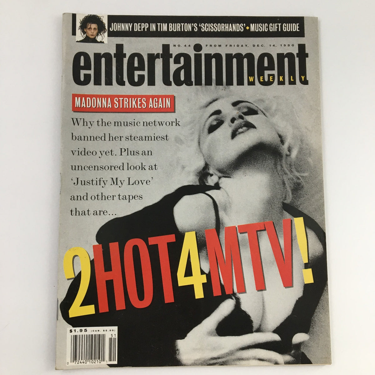 Cover of Entertainment Weekly Magazine December 1990 #44 featuring Madonna, titled 'MADONNA STRIKES AGAIN'. The magazine highlights articles about Madonna's controversial video and insights into Johnny Depp's role in 'Scissorhands'.