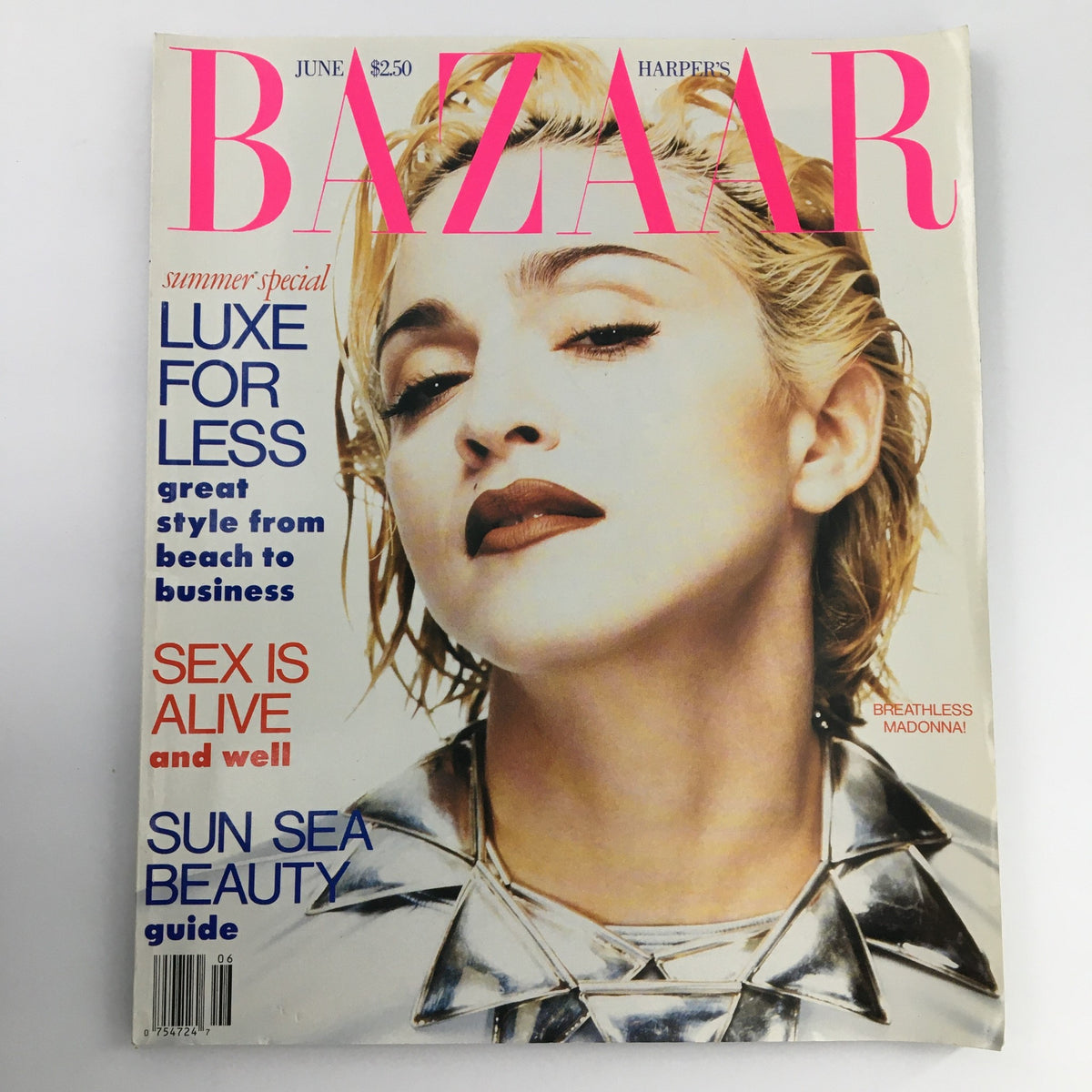 Cover of Harper's Bazaar Magazine June 1990 featuring Madonna, highlighting summer fashion and beauty trends, with titles including 'Luxe for Less' and 'Sun Sea Beauty Guide.'