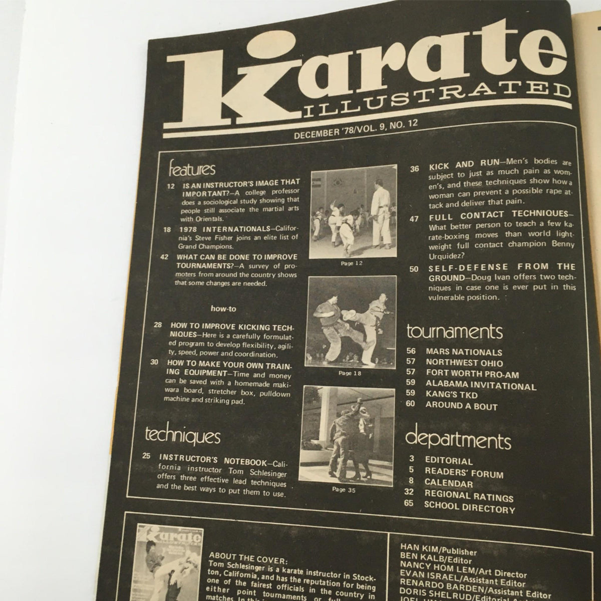 Contents page of Karate Illustrated Magazine December 1978, highlighting articles on tournament improvements, kicking techniques, and martial arts training equipment.