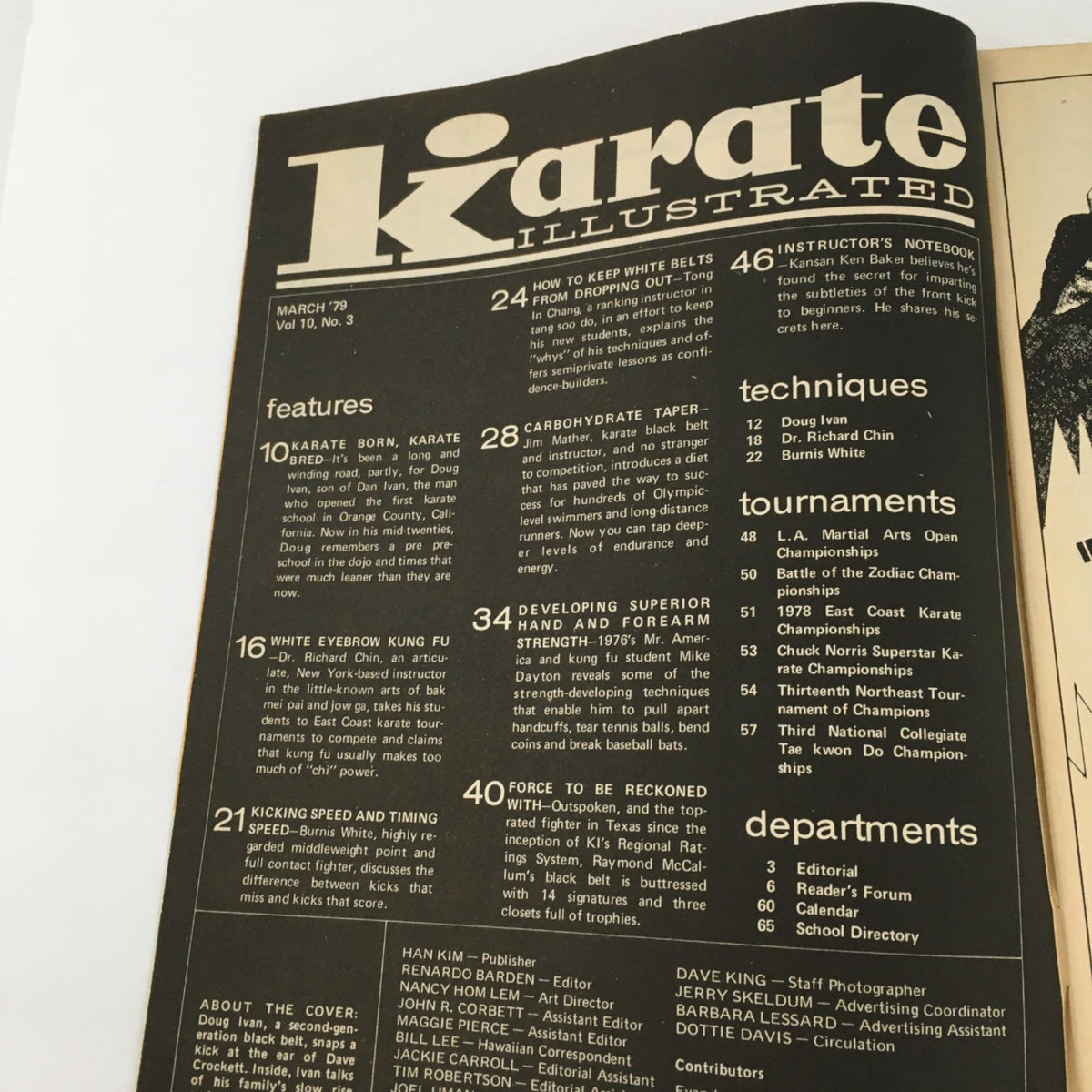 Table of contents of Karate Illustrated Magazine March 1979, listing featured articles and techniques related to karate and martial arts training.