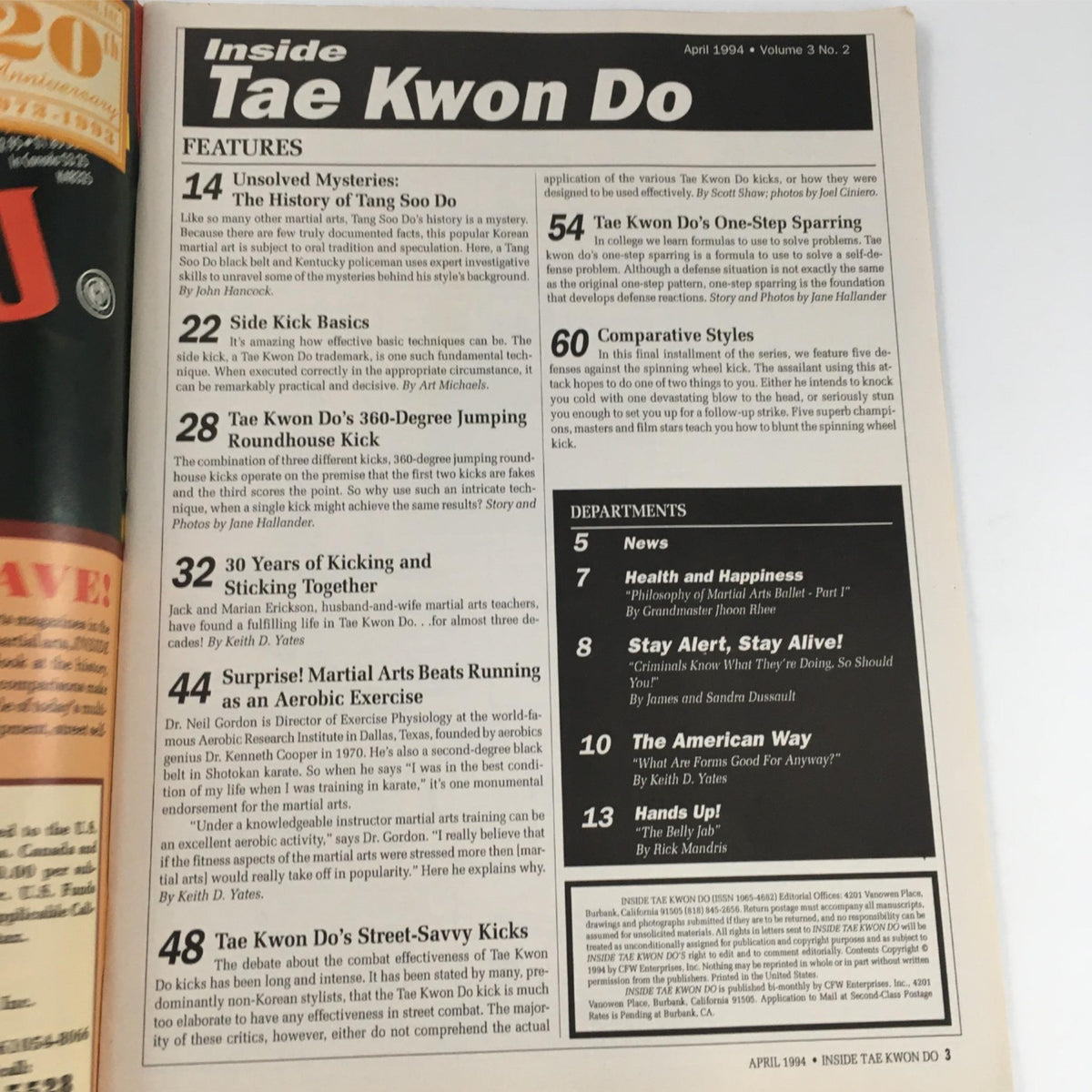Inside Tae Kwon Do Magazine April 1994 table of contents highlighting features on Tang Soo Do including special kicking tips, one-step sparring, and articles by martial arts experts.