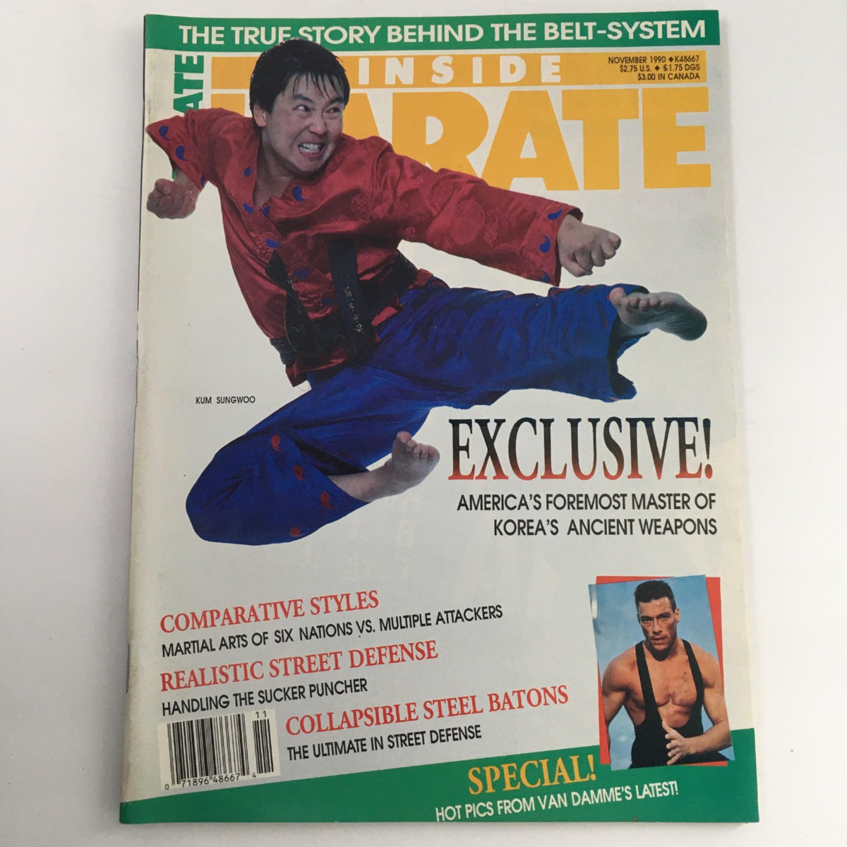 Cover of Inside Karate Magazine November 1990 featuring Kum Sungwoo performing a dynamic kick, highlighting martial arts techniques and interviews with famous martial artists.