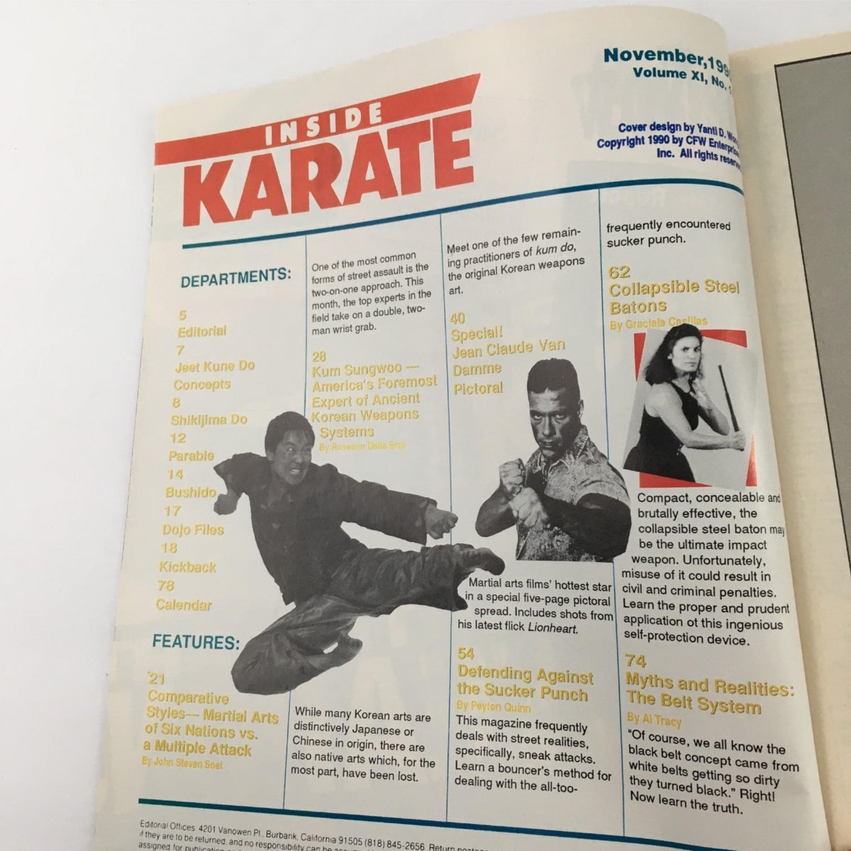Table of contents page from Inside Karate Magazine November 1990, detailing features including Kum Sungwoo and Jean Claude Van Damme, showcasing valuable martial arts articles and techniques.