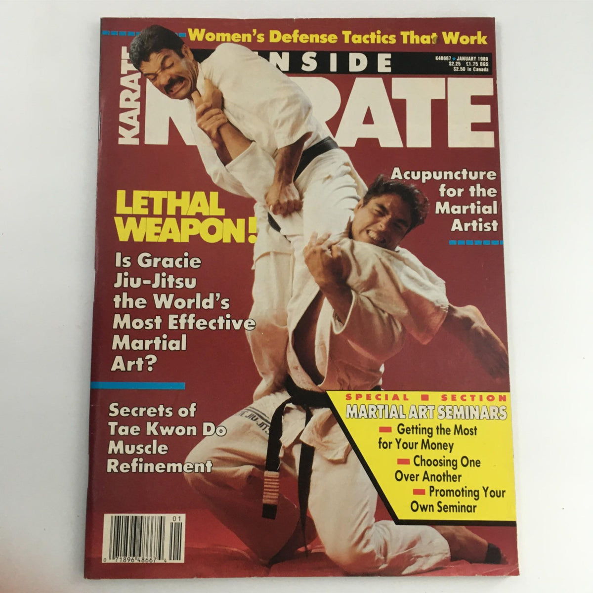 Cover of Inside Karate Magazine January 1989 featuring articles on Jeet Kune Do concepts and Jui-Jitsu, with bold headlines and martial arts imagery.