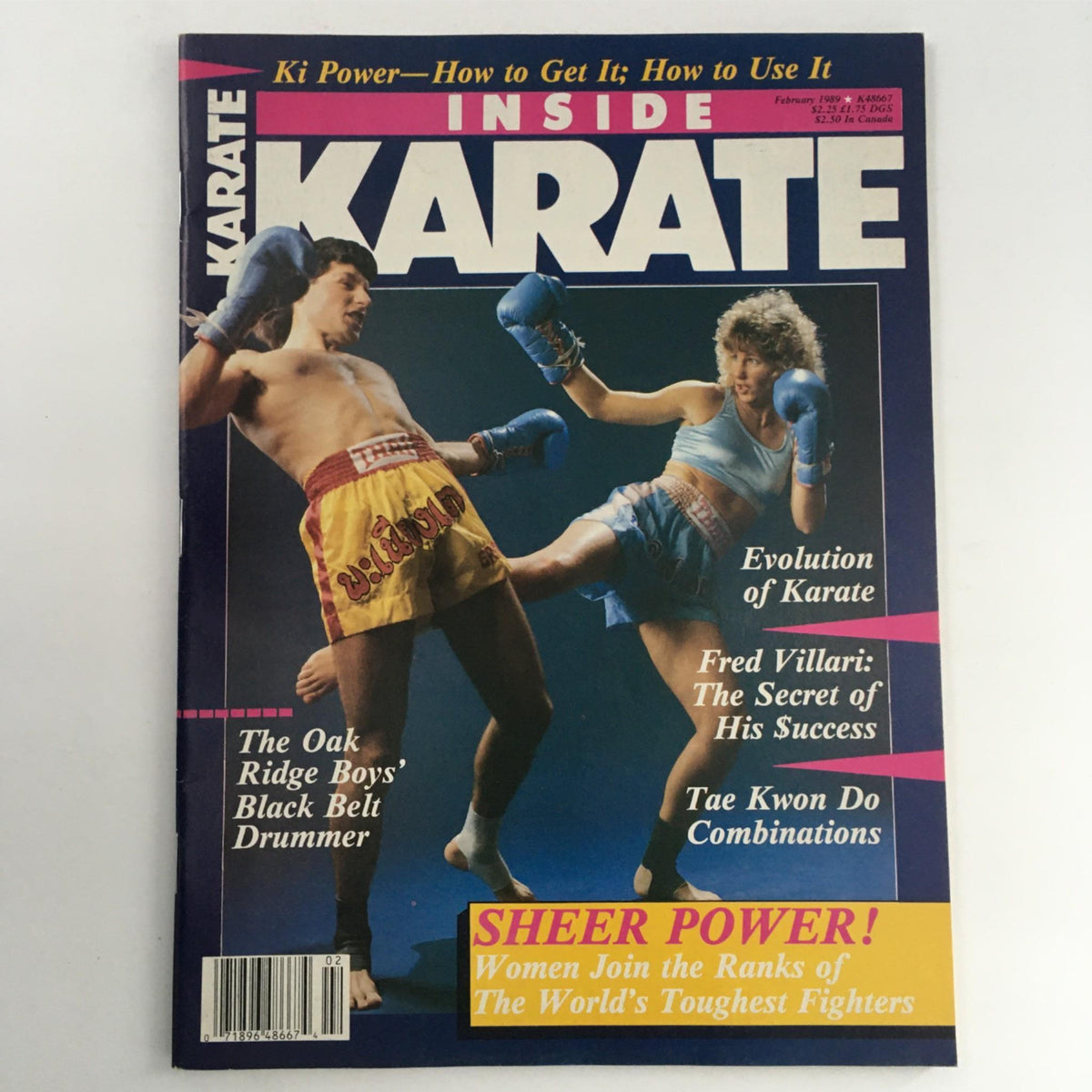 Inside Karate Magazine February 1989 cover showcasing martial artists in action with the headline 'Evolution of Karate' and features on Ki Power and women's participation in martial arts.