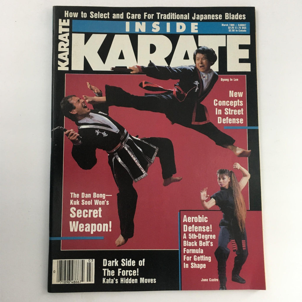 Cover of Inside Karate Magazine March 1988 featuring Byung In Lee, showcasing martial arts techniques and articles on street defense, including contributions from June Castro and other notable martial artists.
