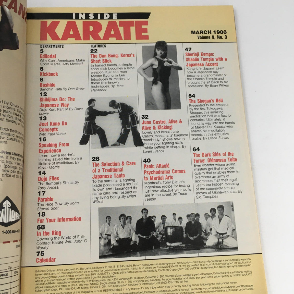 Table of contents page of Inside Karate Magazine March 1988 detailing featured articles, including content by June Castro on self-defense and martial arts techniques.