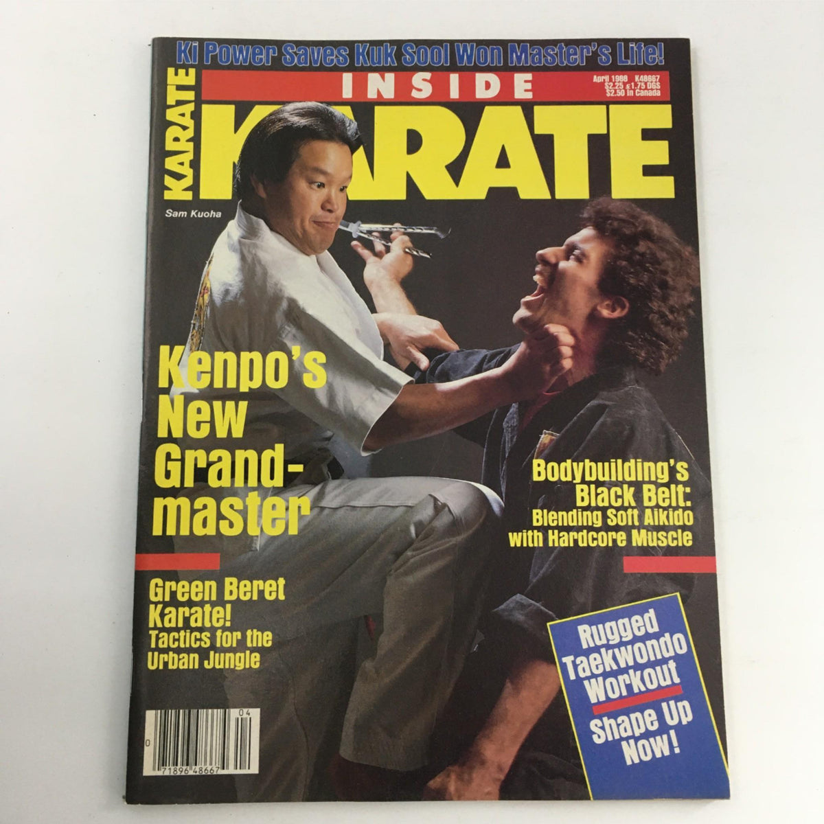 Cover of Inside Karate Magazine April 1988 featuring Sam Kuoha, titled 'Kenpo's New Grandmaster', showcasing martial arts content and vibrant design.