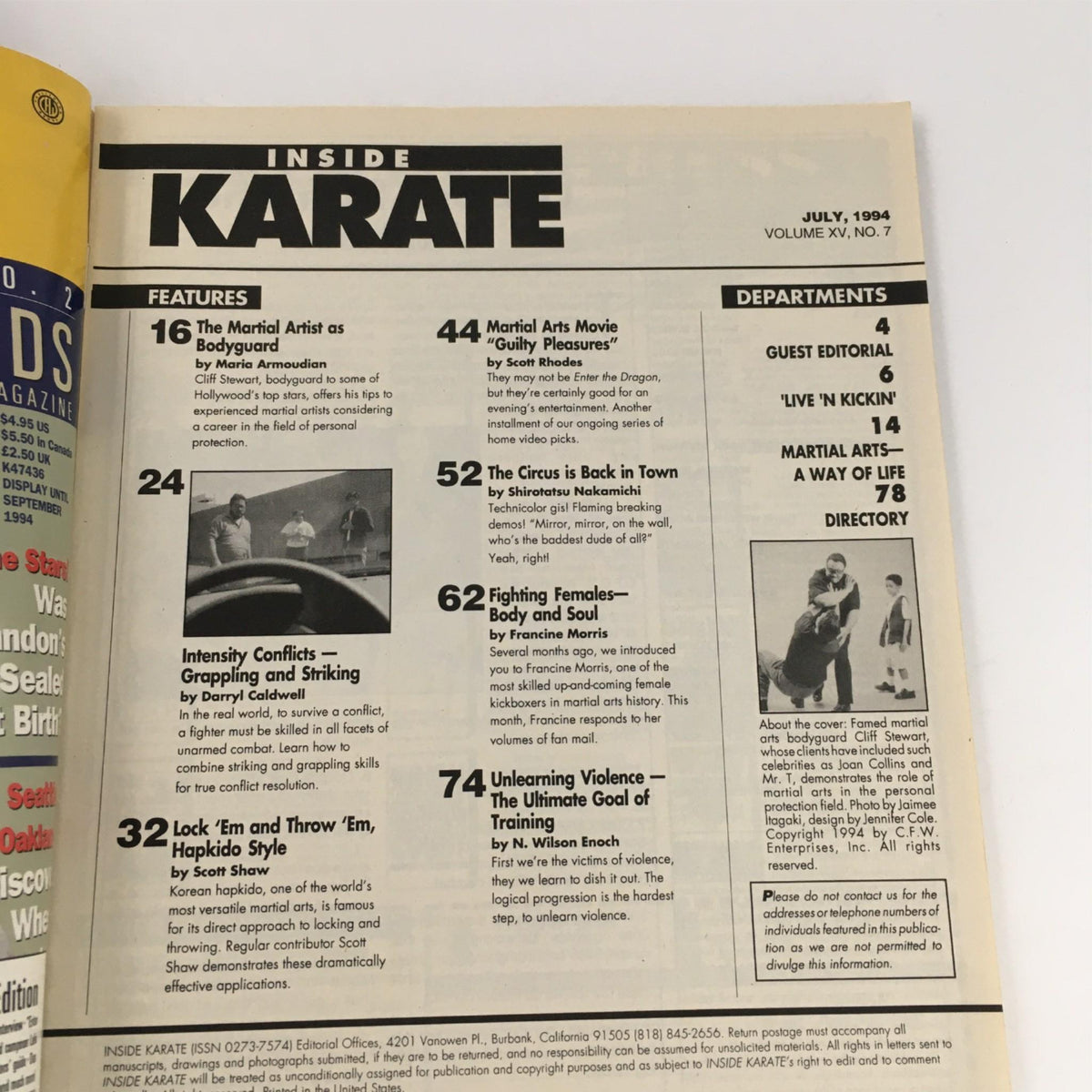 Inside Karate Magazine July 1994 features articles on martial arts, highlighting content from Cliff Stewart, Francine Morris, and more.
