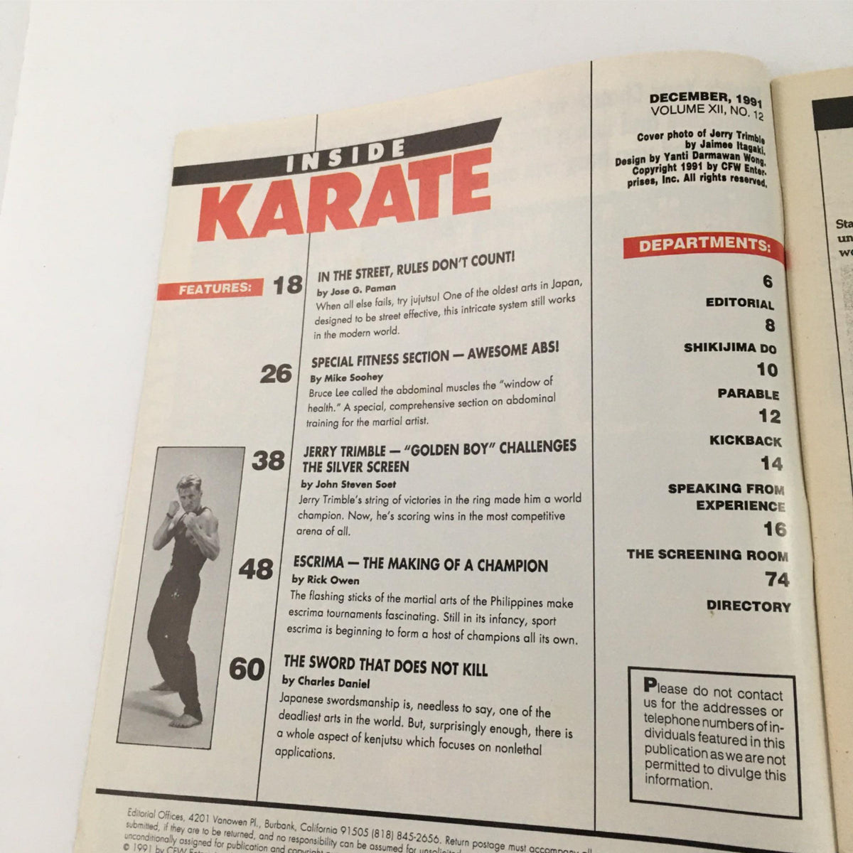 Table of contents page from Inside Karate Magazine December 1991, showcasing various features including Jerry Trimble's profile and articles on martial arts techniques.