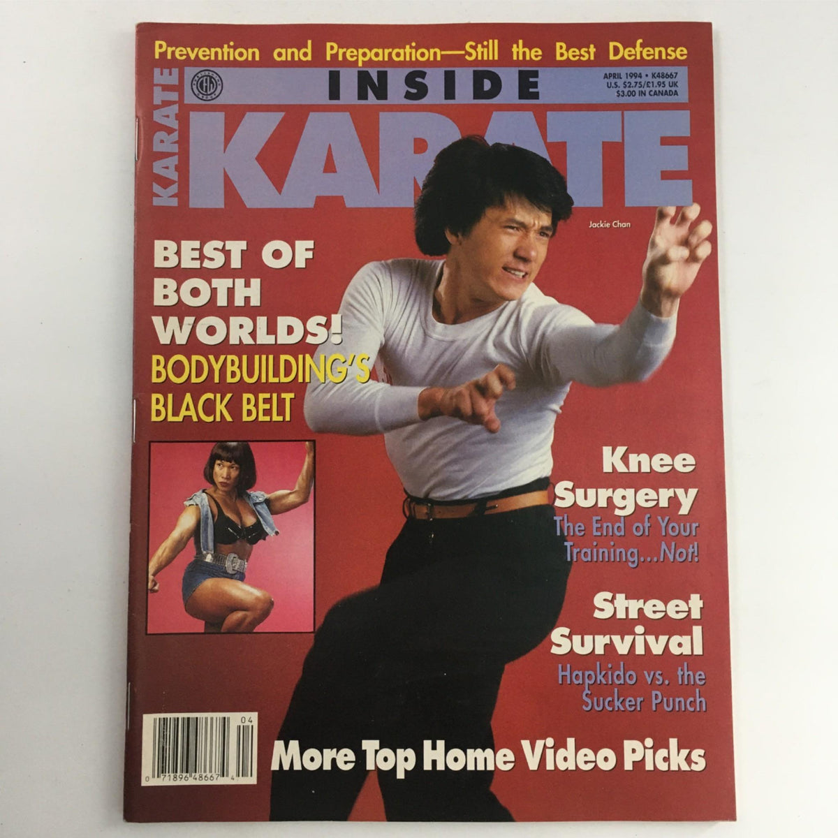 Cover of Inside Karate Magazine April 1994 featuring Jackie Chan, showcasing martial arts techniques and bodybuilding tips.