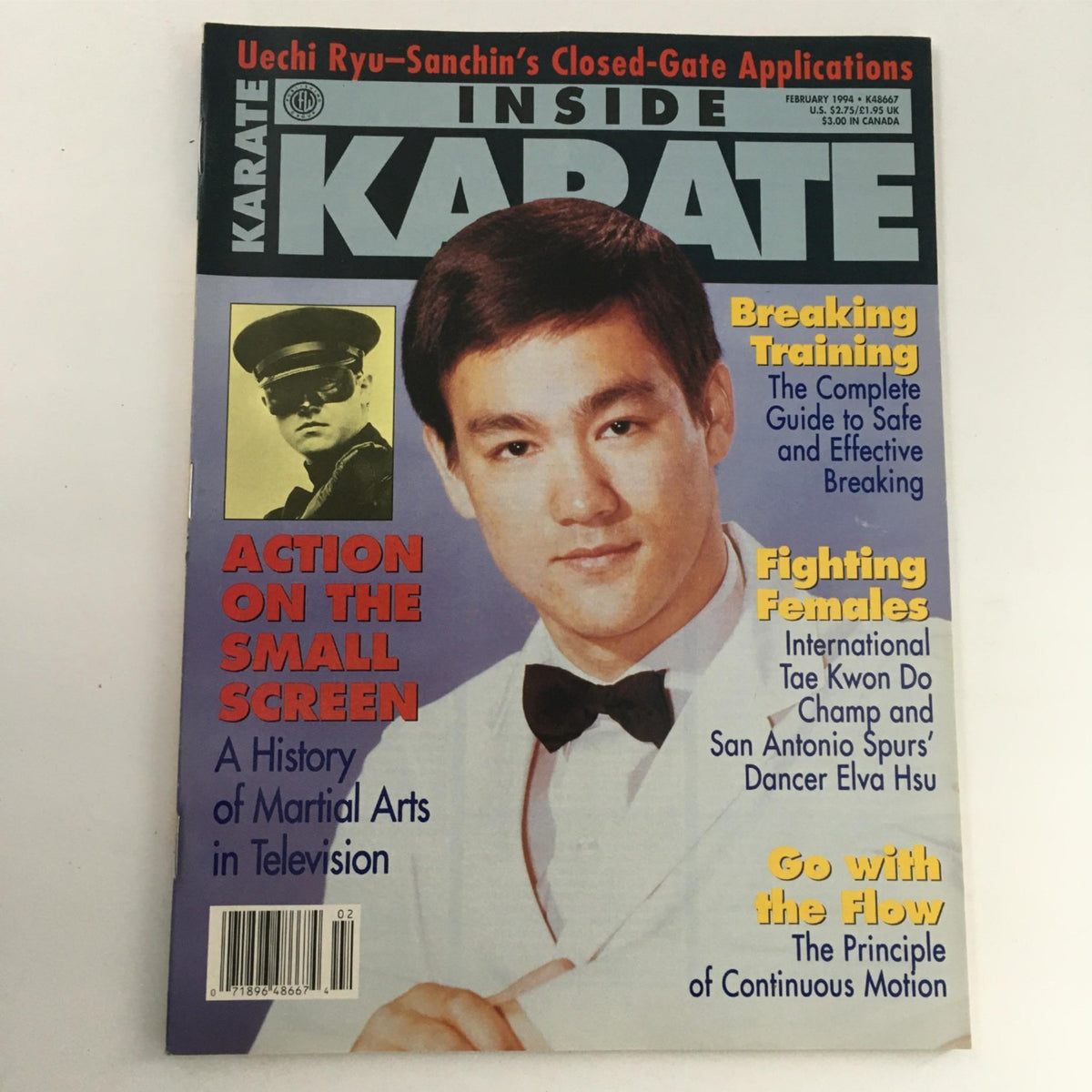 Cover of Inside Karate Magazine February 1994 featuring Bruce Lee, with a focus on 'Action on the Small Screen' discussing the history of martial arts in television. The cover highlights articles on breaking training and international martial arts champions.