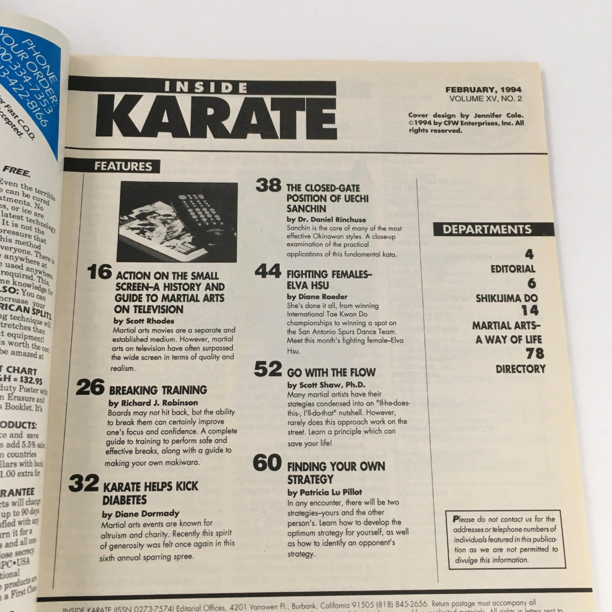 Inside Karate Magazine February 1994 featuring articles on martial arts, including 'Action on the Small Screen - A History and Guide to Martial Arts on Television', and contributions from various martial arts experts.