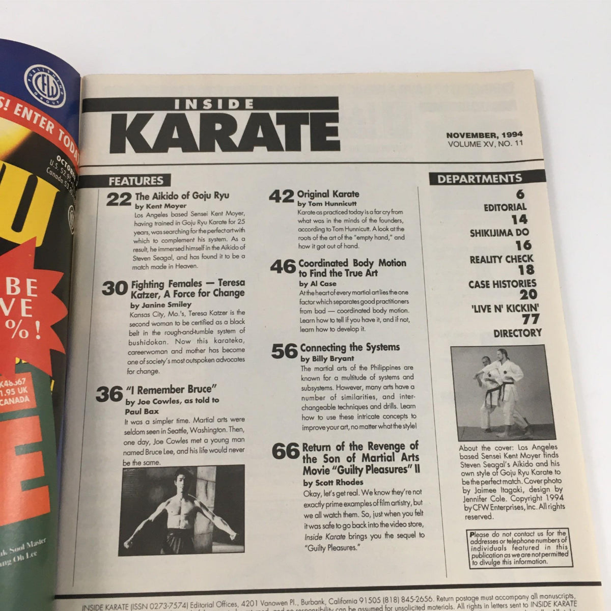 Page from Inside Karate Magazine November 1994 displaying the table of contents. Features include articles on Aikido by Kent Moyer, 'Fighting Females', and reflections on martial arts, showcasing the magazine's focus on karate and martial arts history.