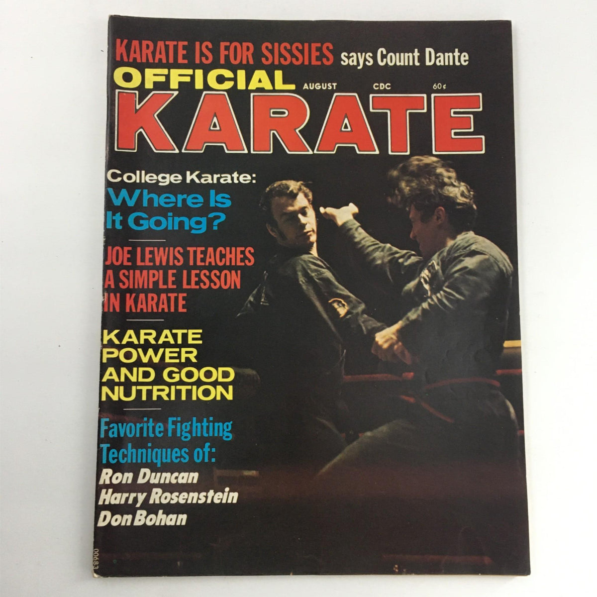 Official Karate Magazine August 1971 cover featuring bold text and images of martial artists, showcasing Joe Lewis, Ron Duncan, and the theme of karate techniques and nutrition.