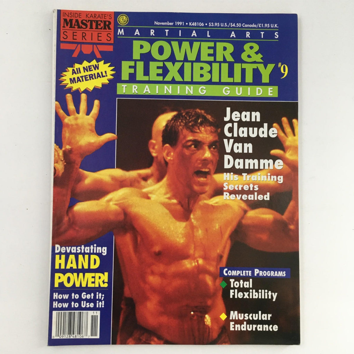 Cover of Inside Karate's Master Series Magazine Power & Flexibility Guide #9, November 1991, featuring Jean Claude Van Damme with a focus on martial arts power and flexibility techniques.