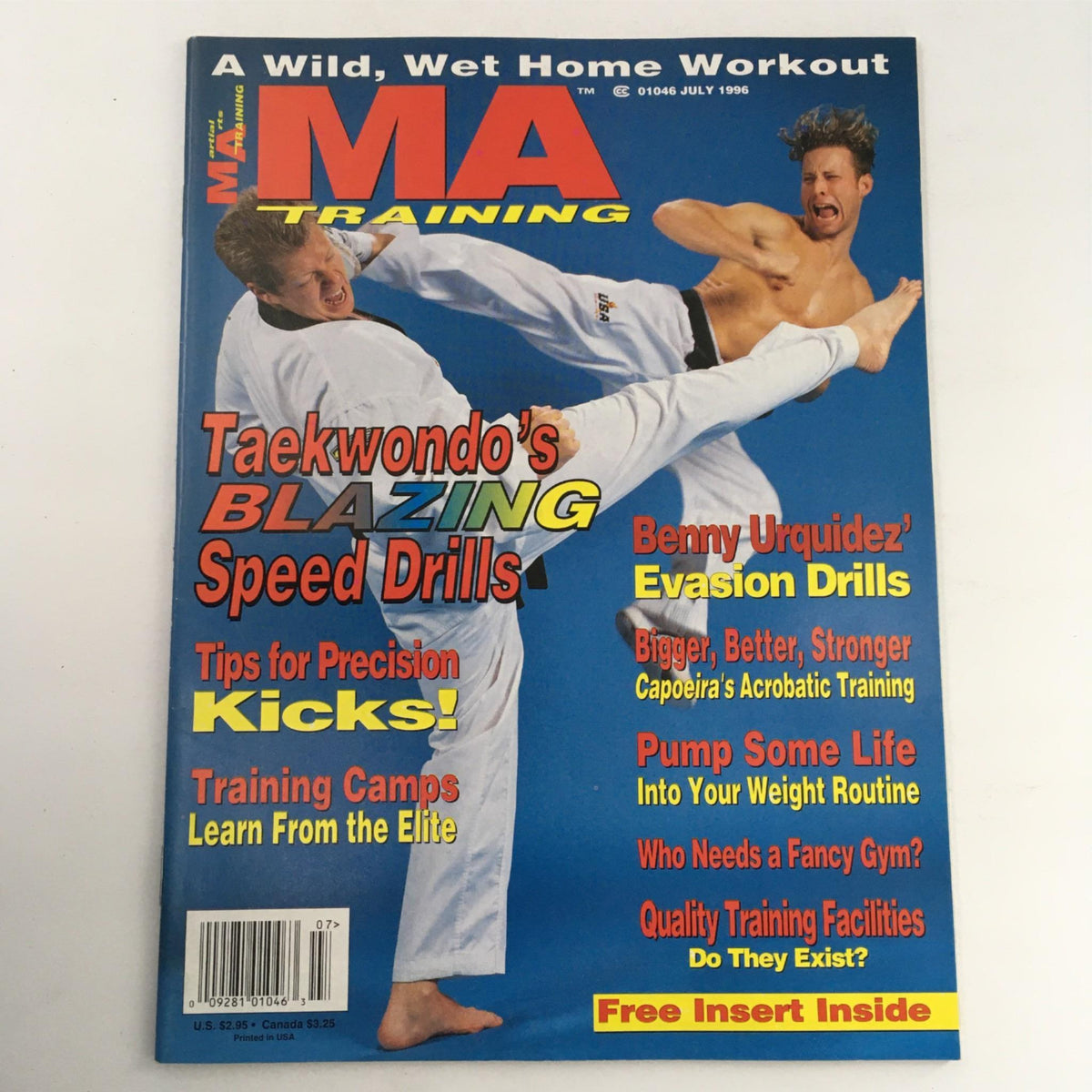 Cover of MA Martial Arts Training Magazine dated July 1996 featuring bold headlines and images of martial artists, showcasing Taekwondo's speed drills and techniques by Clayton Barber.