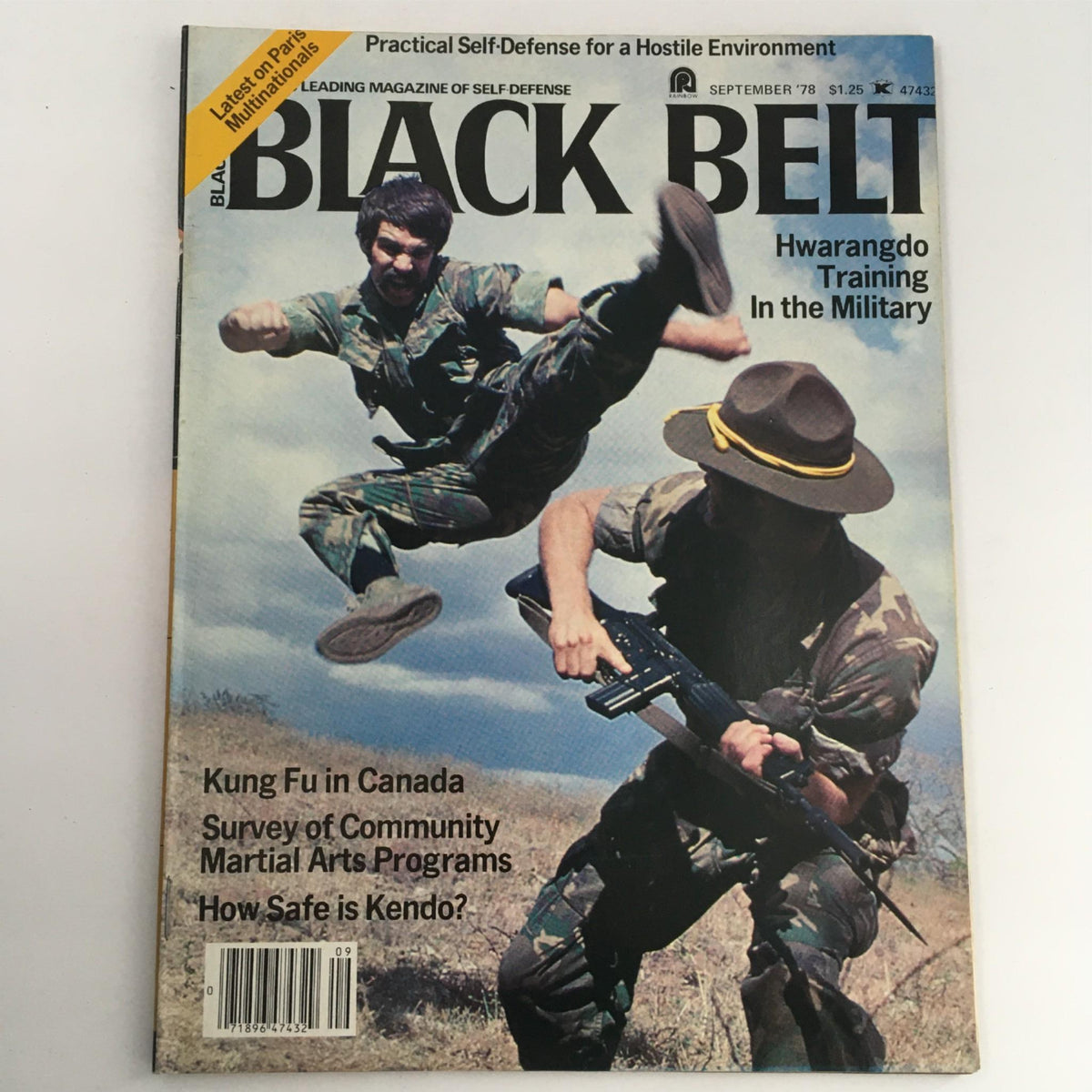 Cover of Black Belt Magazine September 1978 featuring martial artists in military training, showcasing the latest on Paris multinationals.