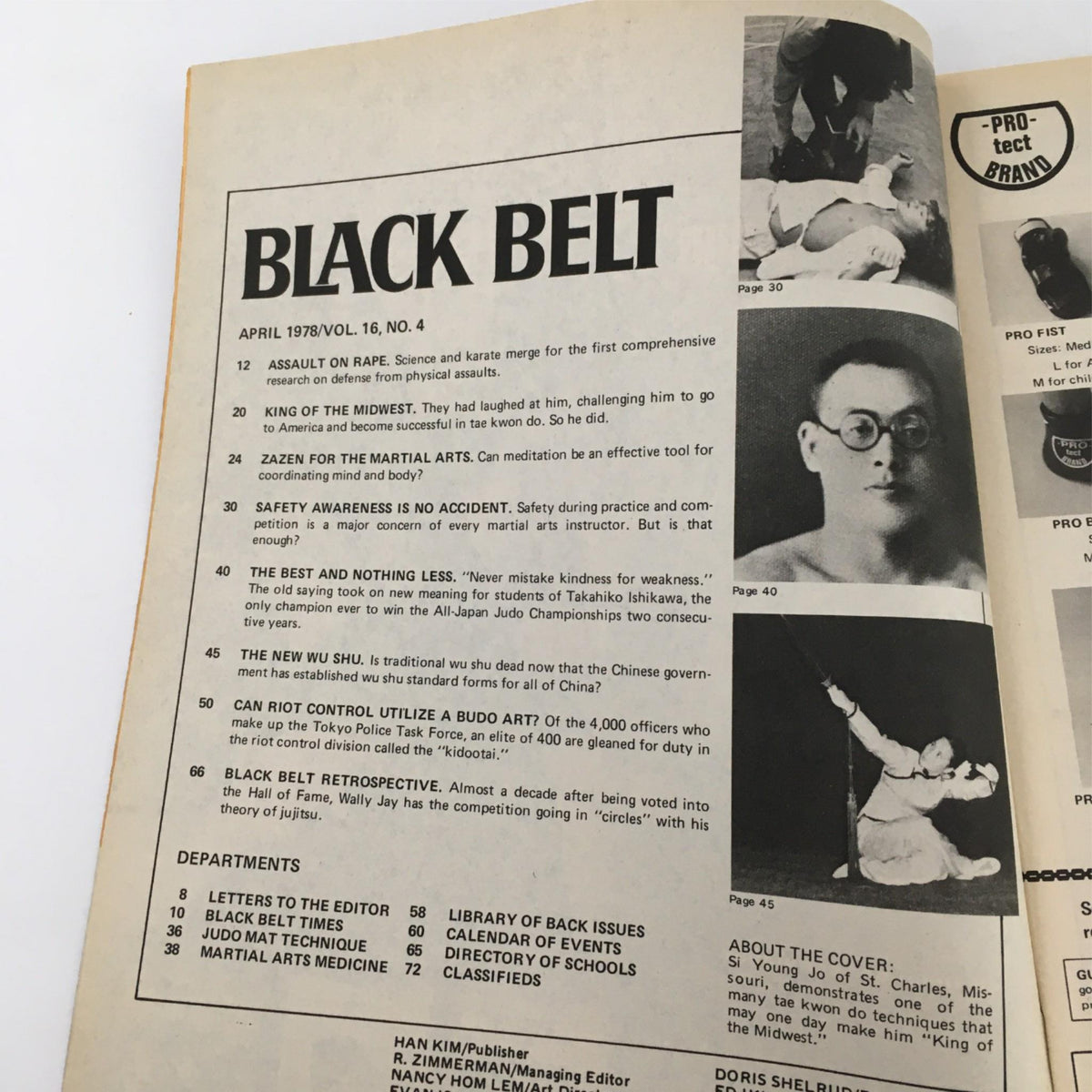 Black Belt Magazine April 1978, featuring the contents page with articles on martial arts, including 'King of the Midwest'. Highlights include a blend of safety awareness, meditation in martial arts, and notable figures like Si Young Jo.
