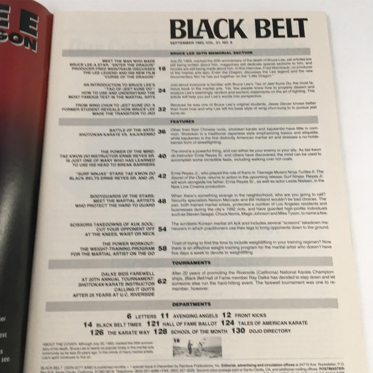 Inside page of Black Belt Magazine September 1993 highlighting features and content related to Bruce Lee and martial arts.