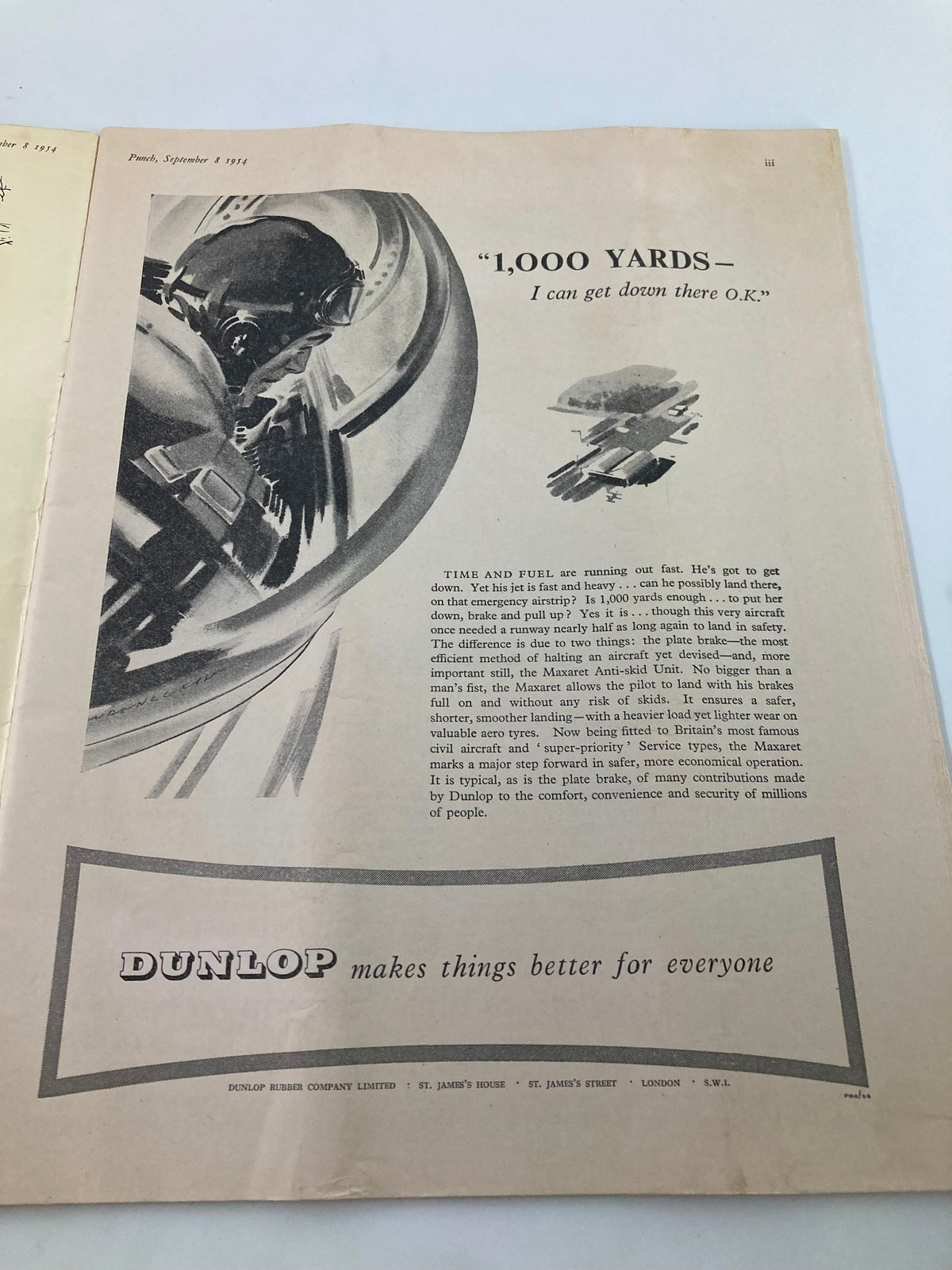 Interior page of VTG Punch Magazine September 8 1954 displaying an advertisement related to aviation, showcasing vintage design elements and commentary on aircraft safety.