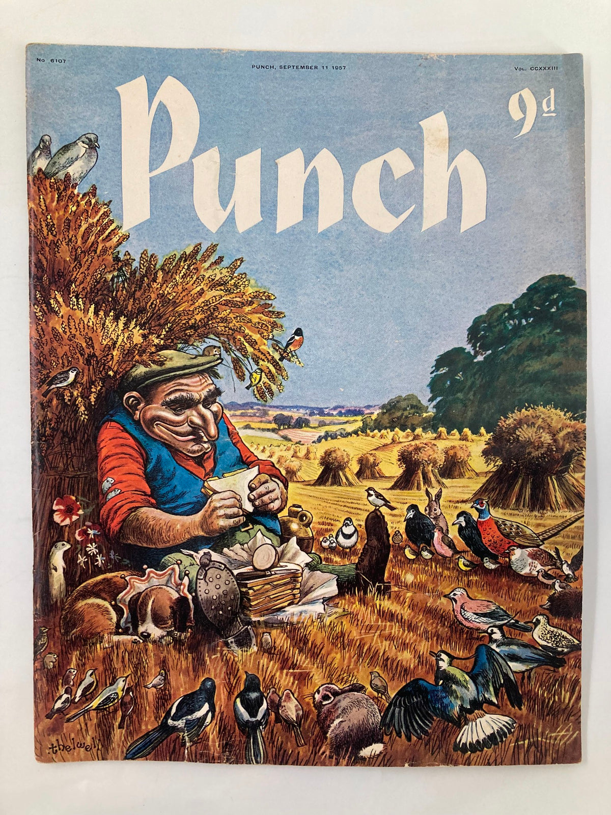 Cover of VTG Punch Magazine September 11 1957 featuring a cartoon scene with a farmer surrounded by birds in a harvested field, showcasing WWII-themed humor and illustrations.